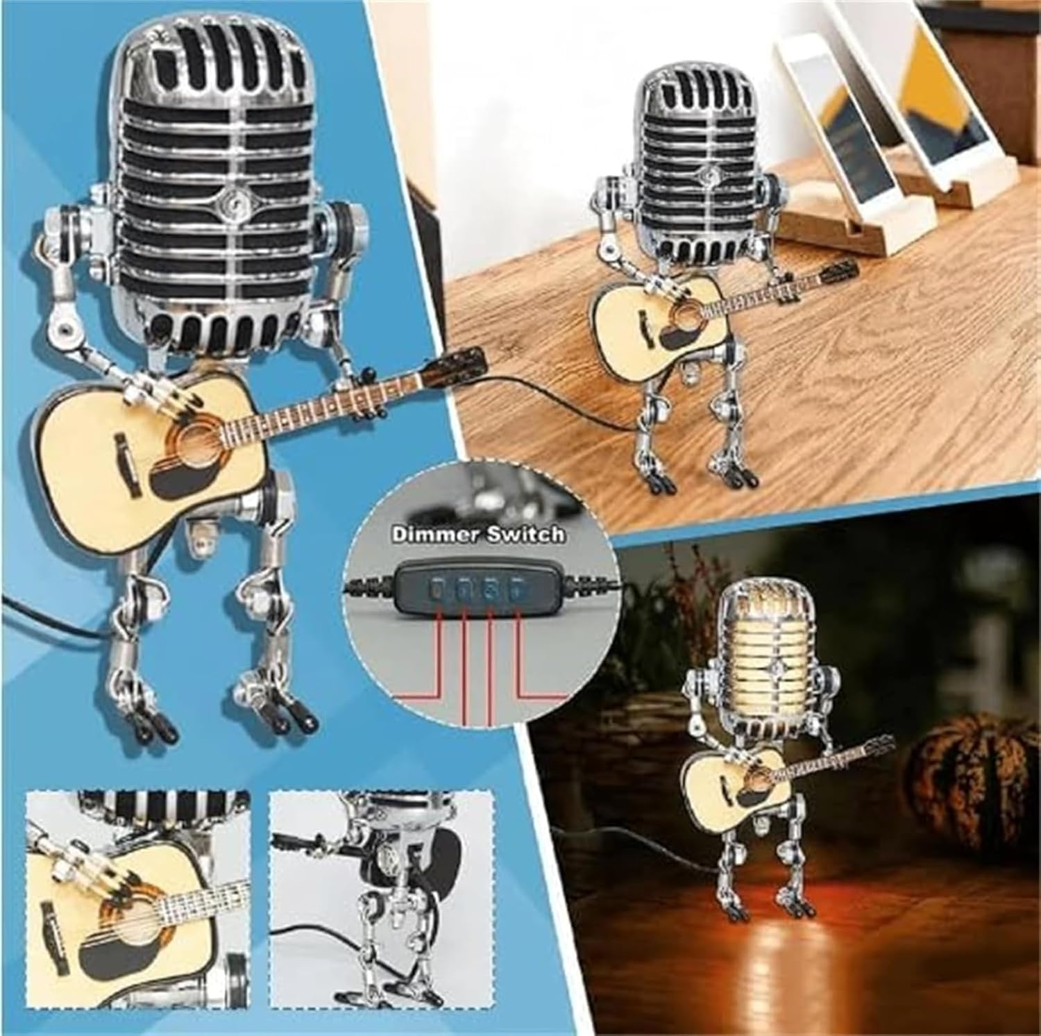 Mic Rockbot, Retro Style Microphone Robot Table Lamp, Holding Guitare Vintage Night Light