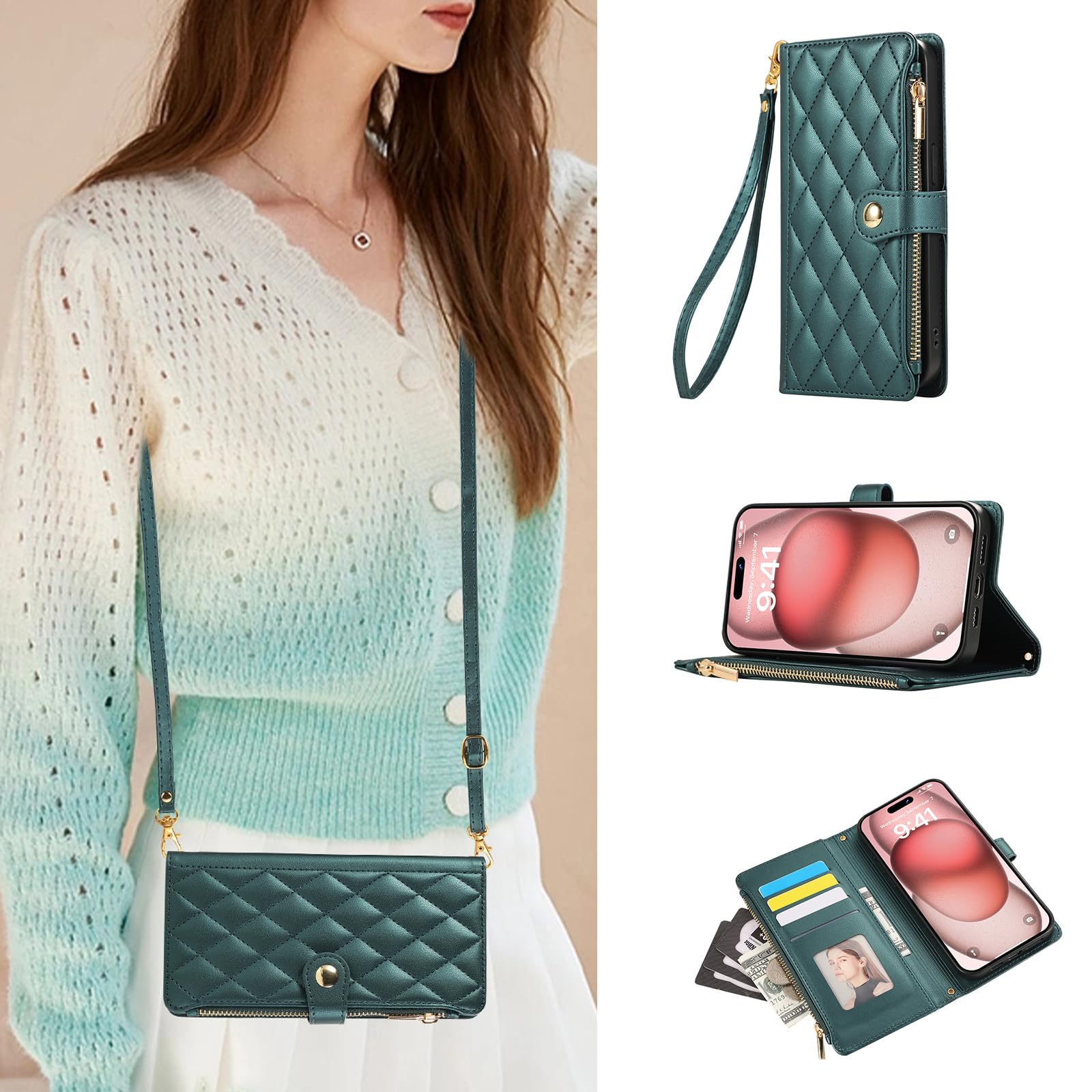 Wallet Phone Case for OnePlus 11R Flip Folio Leather Pocket Cover with Card Holder, Zipper Purse, Crossbody Strap, Magnetic, Stand, Shockproof Protective Women Case Green