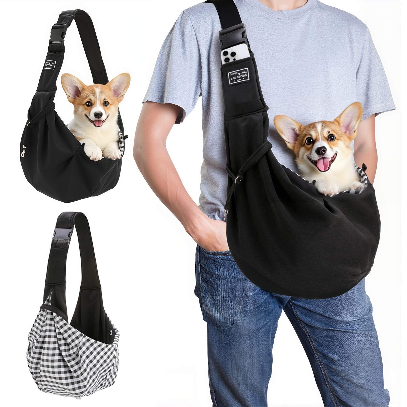 Sac de Transport pour Chien Chat Jusqu’à 7.5 KG, Réglable Sac de Transport avec Corde de Sécurité pour Petit Animaux, Sac à Bandoulière pour L'extérieur, Les Voyages, Le Métro