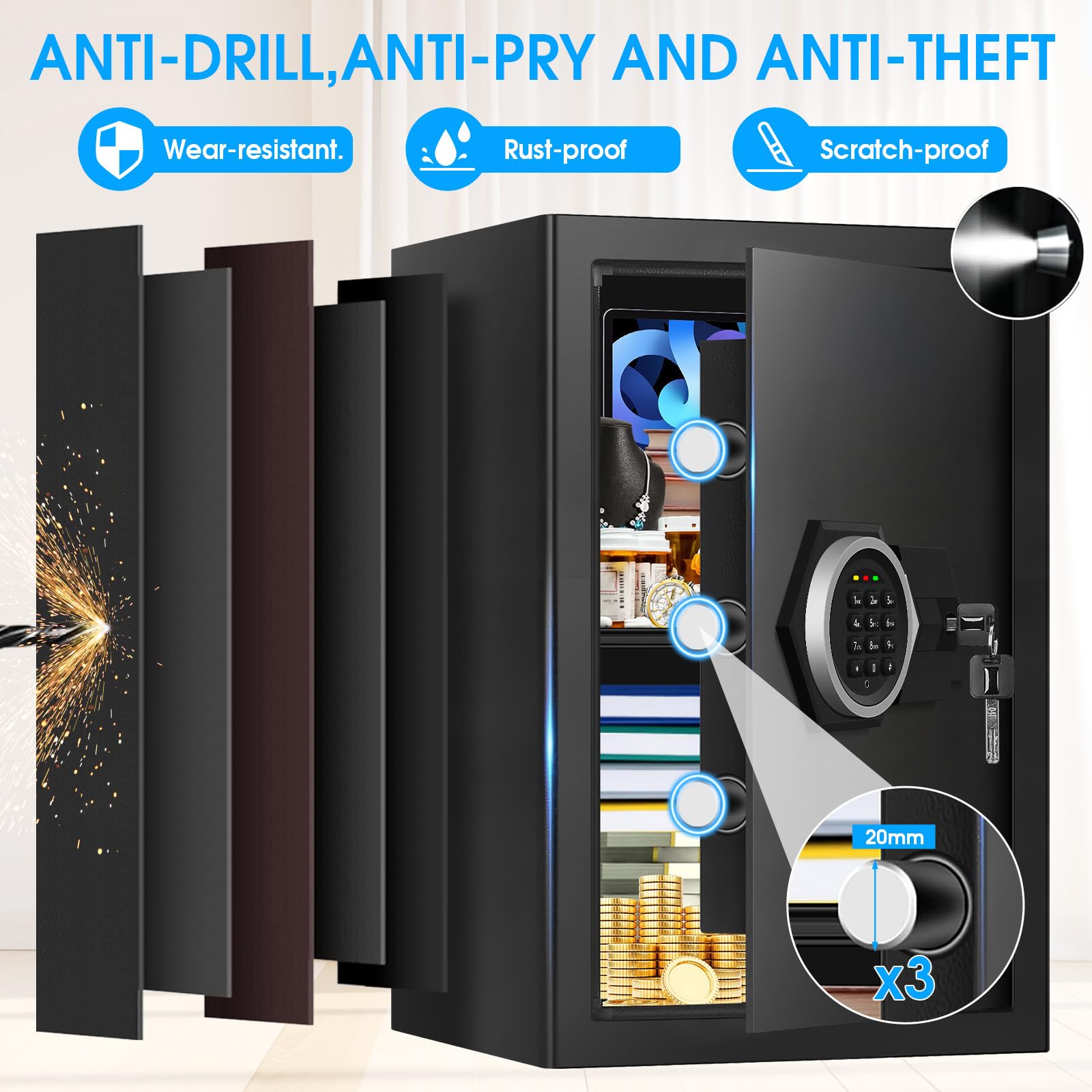 Große Home Safes Wasser- und Feuerfest mit digitaler Tastatur & Schlüsselschloss, Sicherheitssafe für Zuhause mit DIY abnehmbarem Regal, Anti-Pry Safe Box für Gelddokumente