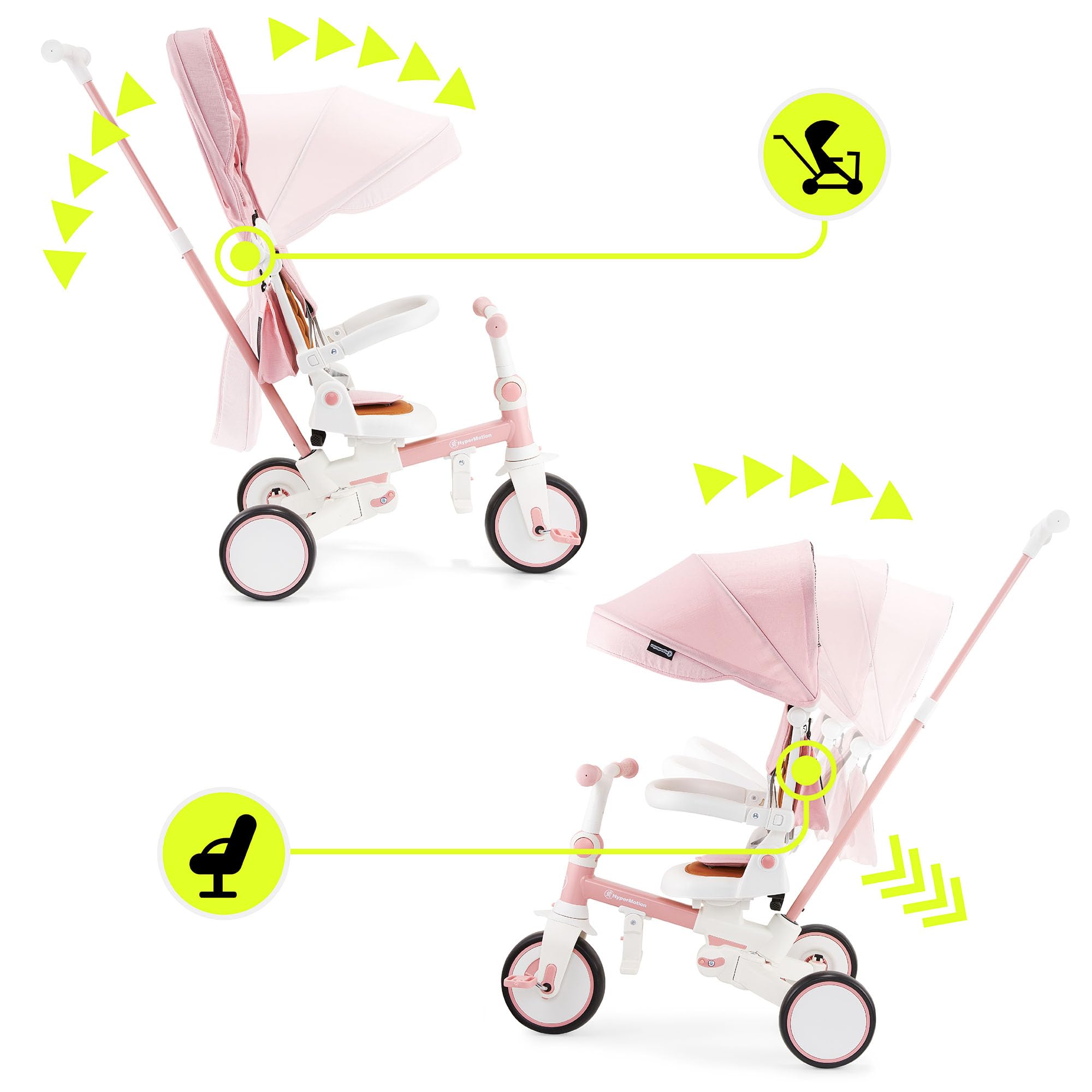 HyperMotion Triciclo Evolutivo 8 en 1 Rosa – Triciclo Bebe Plegable y Reclinable con Asiento 360° y Capota – Arnés, Barra de Empuje – Trike para Niñas de 1 a 5 Años