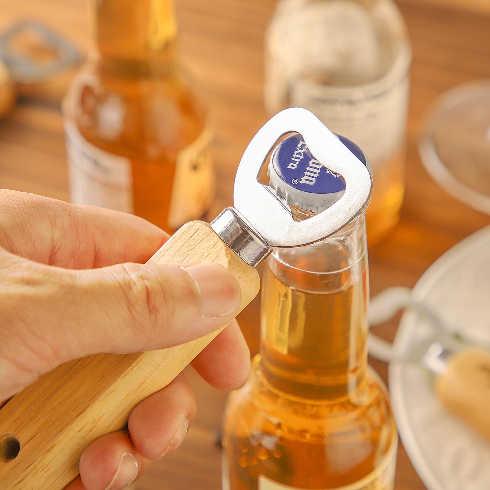 Engravable Wooden Bottle Openers, 6 PCS Handheld Beer Openers with Stainless Steel Heads & Hanging Hole - Image 4