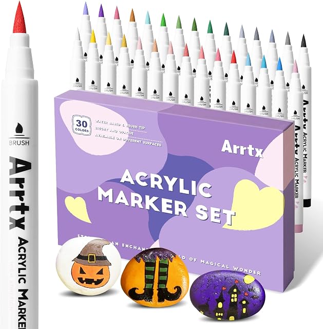 Arrtx Acrylic Paint Brush Pens for Rock Painting, 30 Colors Premium Graffiti Supplies, Acrylic Paint Pens for Stone, Craft DIY, Easter Egg, Wood, Glass and More