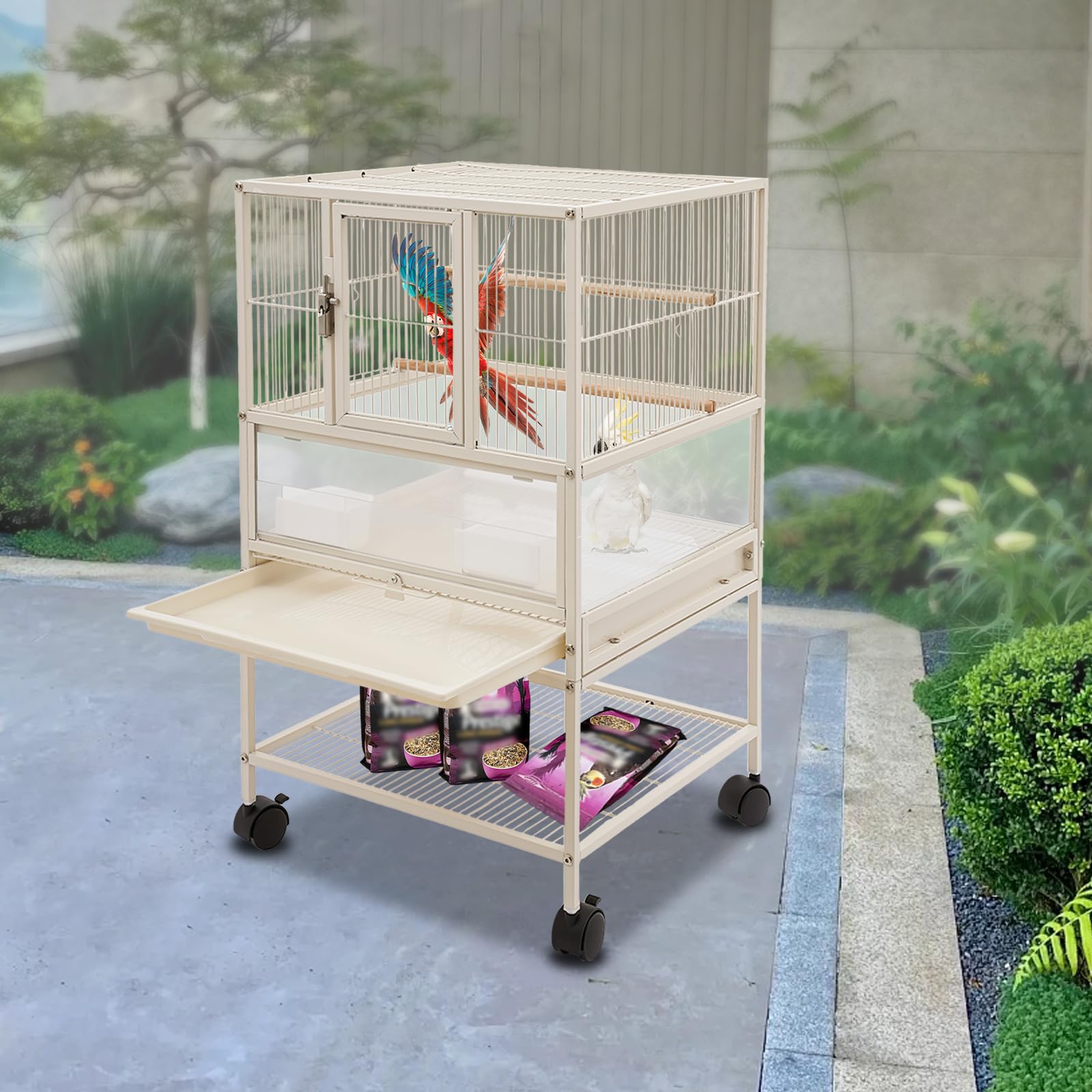 Jaula para periquitos, jaula para loros, jaula de pájaros, jaula de pájaros, con 4 ruedas, 2 comederos y 1 diagrama de instalación para pájaros pequeños y medianos como periquitos y ninfas