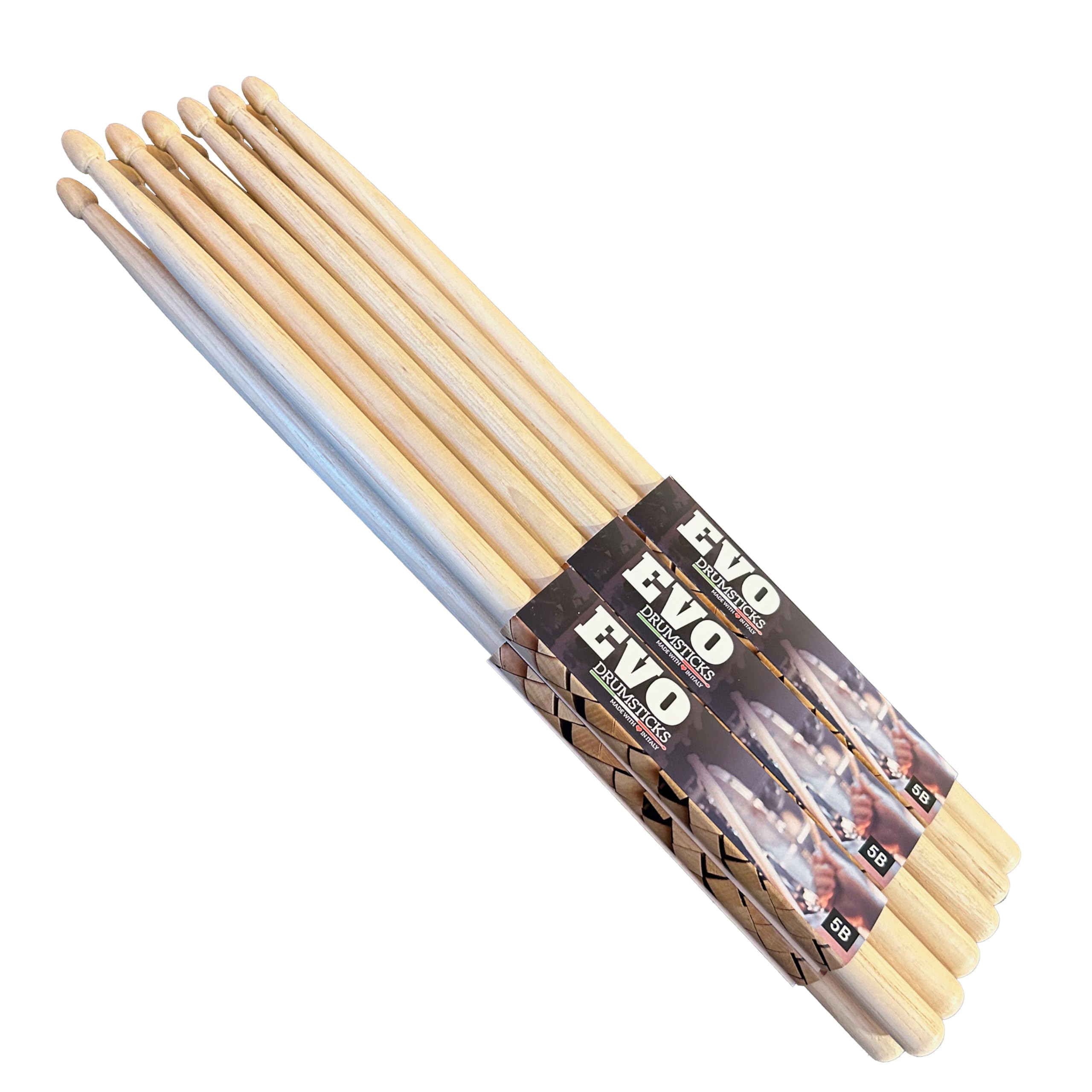 Baquetas para batería profesionales modelo 5B de nogal, nogal americano con punta de madera, punta de bellota, madera de curado natural, fabricado en Italia - 6 pares pack