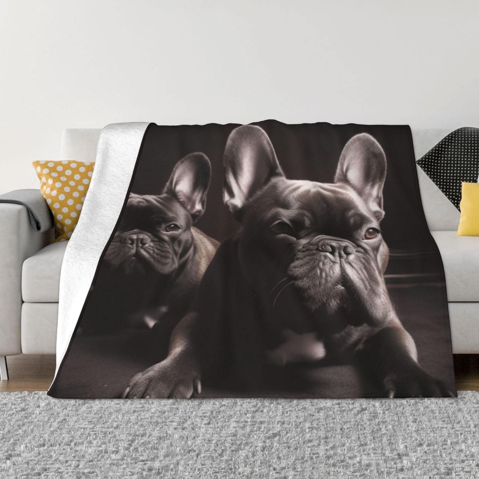 Couverture bouledogue français micro polaire contre le froid sur le canapé