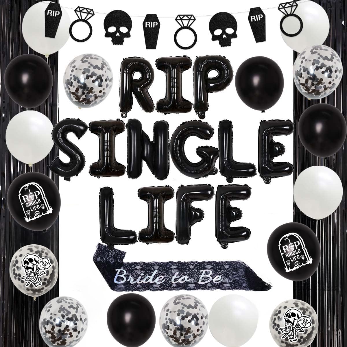 Cheereveal Rip Single Life Hen Party Decorations, Gothic Bachelorette Balloon, Bride to Be Sash, Black Foil Fringe, Ring Skull Coffin Glitter Banner, Engagement Wedding Party Supplies