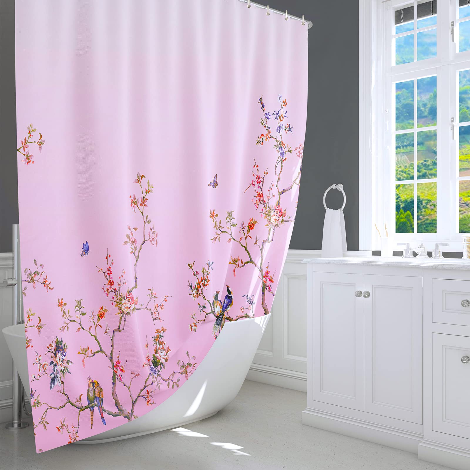 LIVETTY Pink Bird Floral Shower Curtain 180cm × 200cm Mould Proof Butterfly Fabric Bathroom curtain For Women & Men With 12 Hooks Washable Quick-Drying Curtains - Image 2