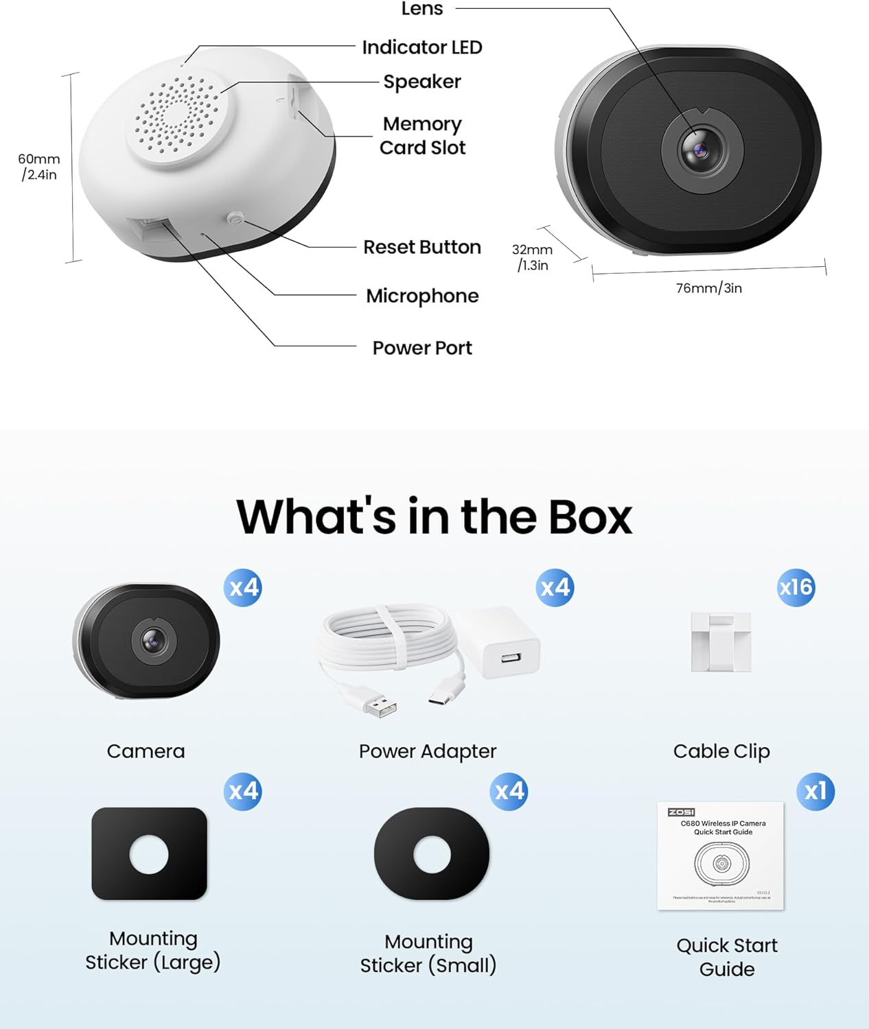 ZOSI 4 x C680 2K Window Security Camera with Full Color Night Vision, 3MP Indoor Plug-in WiFi Camera for Home Security, Human Vehicle Detection, 2.4/5GHz WiFi, 24/7 Recording, Easy & Quick Install - Image 9