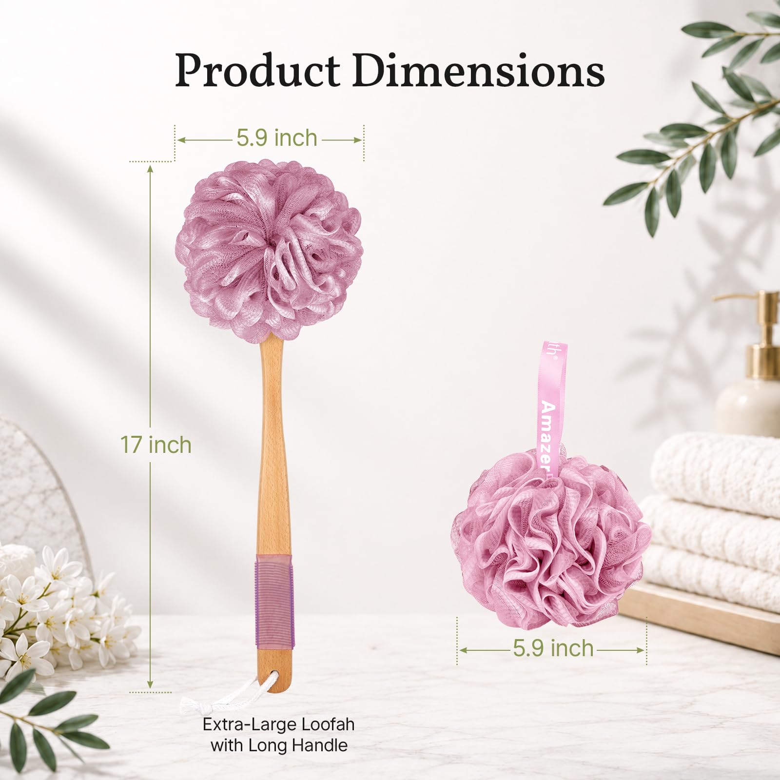 AmazerBath Esponja de ducha de lufa para espalda, esponja de esponja de polietileno de malla suave para cuerpo con mango largo de madera, esponja de baño para hombres y mujeres (rosa)