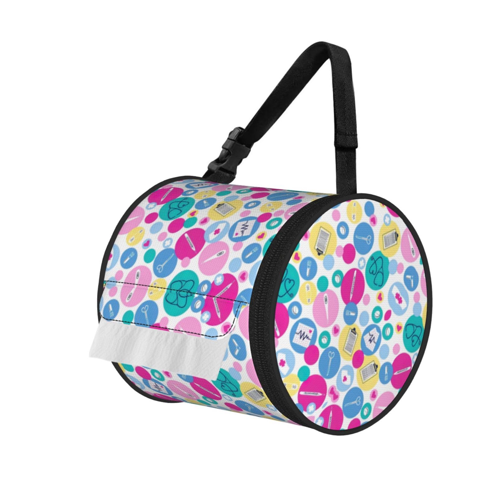 Cute Nurse Print Round Paper Tissue Holder With Shoulder Strap, Portable Roll Case For Caravan Travel Use