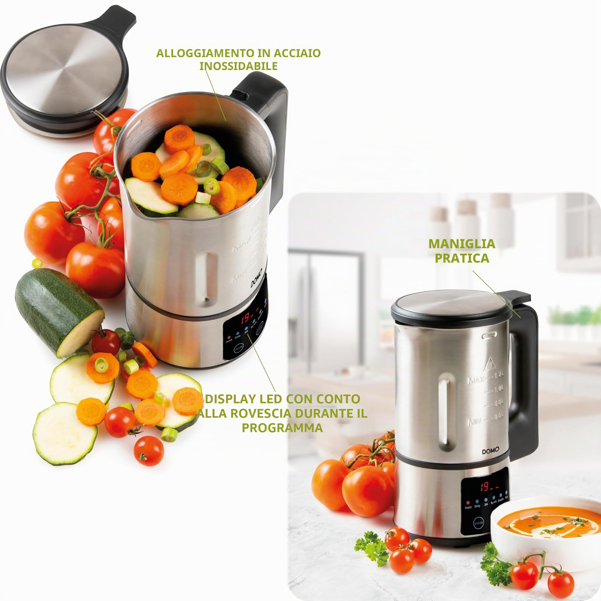 DOMO DO727BL - Frullatore da minestra da 1,2 l, con 6 programmi automatici, acciaio inox/nero