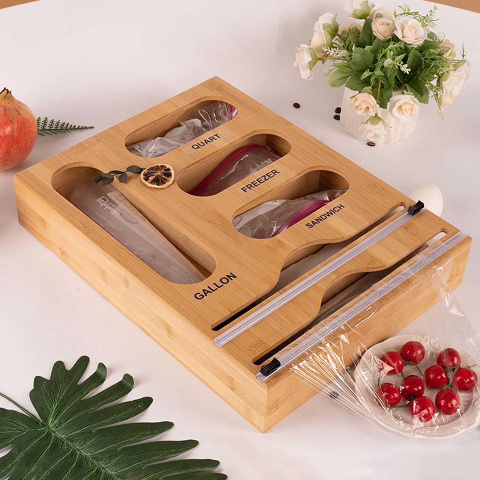 Dispensador de papel de aluminio y film transparente 6 en 1 para montar en la pared, organizador de bolsas de almacenamiento para cajones de cocina, soporte de almacenamiento de alimentos de bambú par