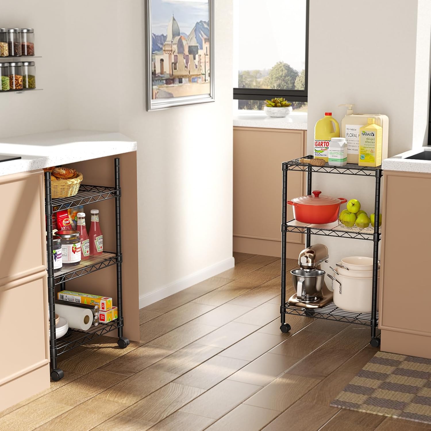 SINGAYE 3 Small Shelves Storage Shelf Wire Shelving Unit Metal Shelf Adjustable Organizers Storage Shelving with Wheels for Bathroom Laundry Room Kitchen Pantry11.5”D x 17.5”W x 30.5”H Black - Image 2