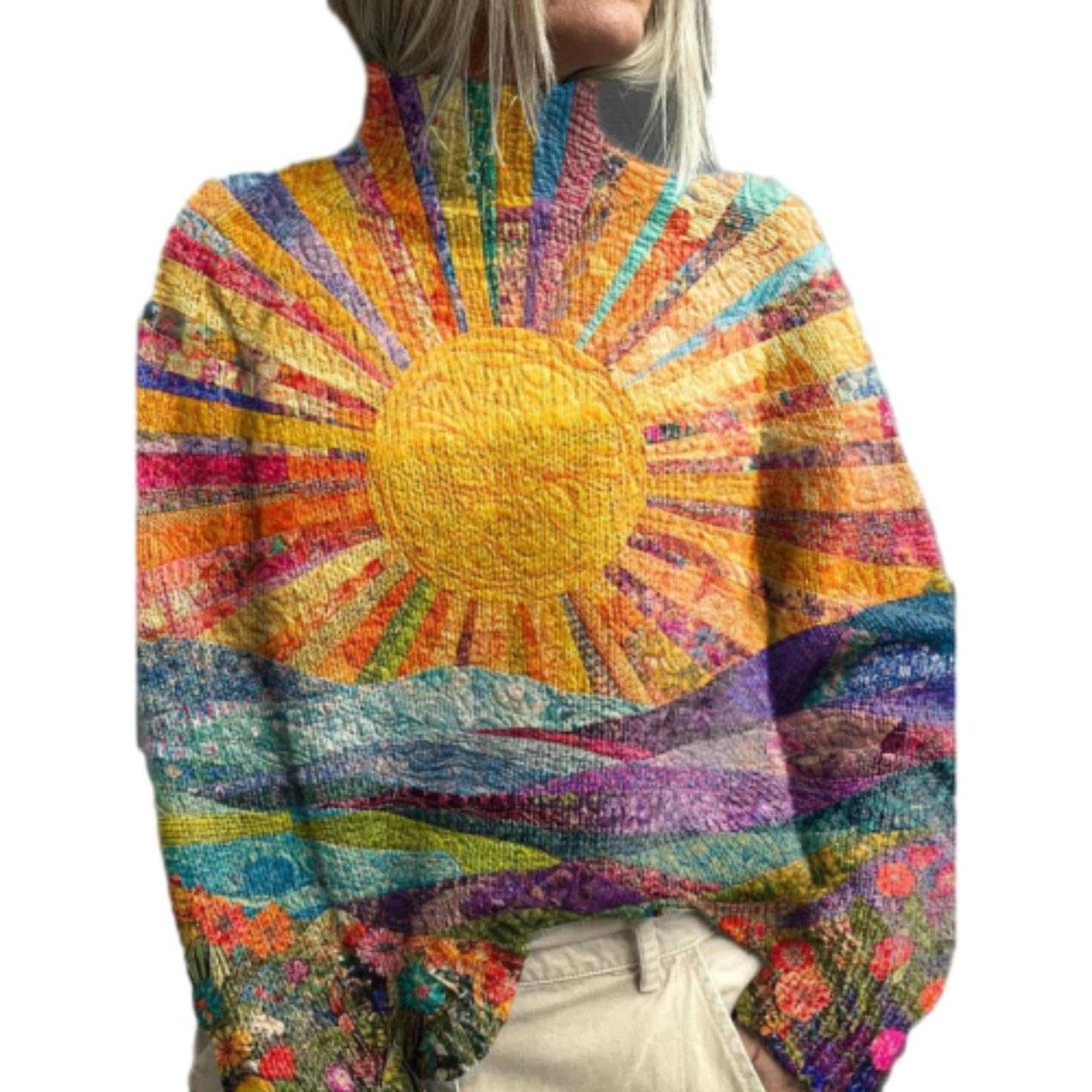 Womens Turtleneck Boho Floral Knit Sweater Oversized Fit Pullover Colorful Ethnic Print Fall Winter Top
