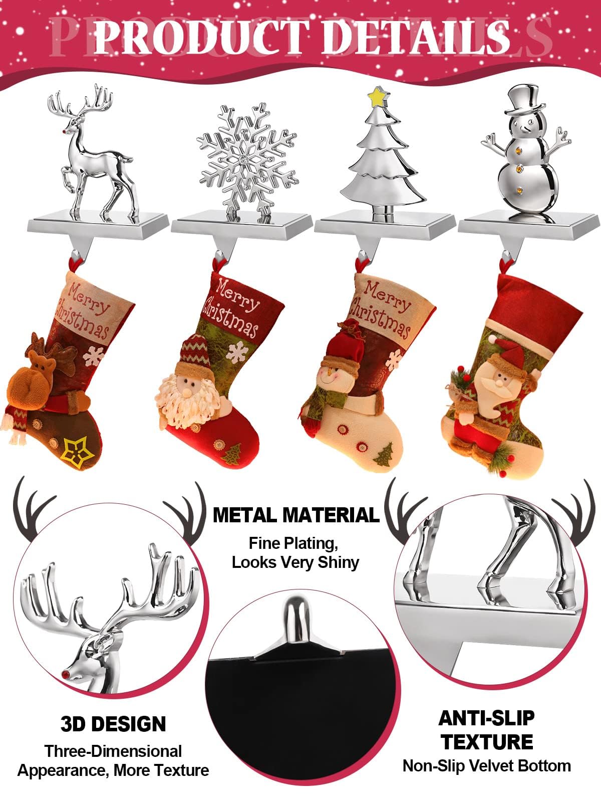 EBANKU 4 Pack Weihnachtsstrumpf Halter, Weihnachtsstrumpf Aufhänger Kaminhaken Rutschfest Nikolausstiefel Halter Hängen Strümpfe Aufhänger für Kamin Weihnachten Dekoration