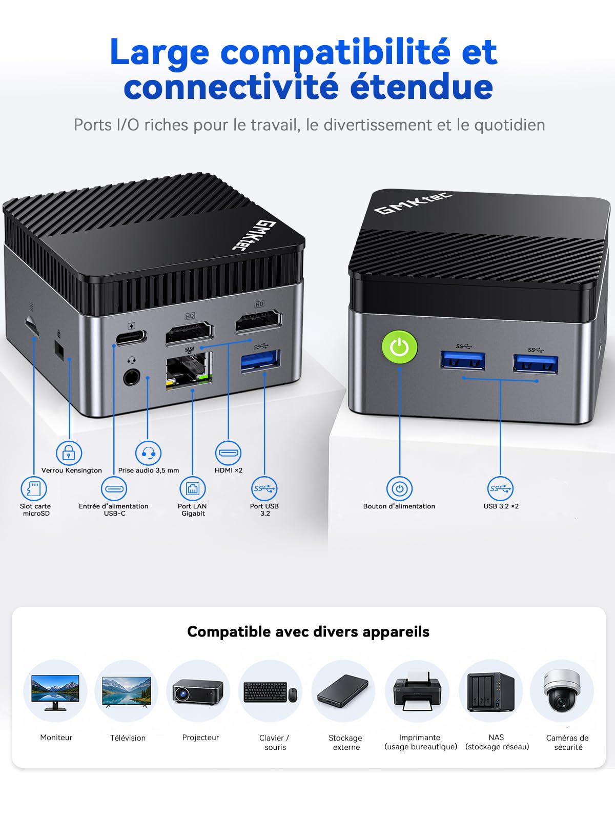 GMKtec G5S Mini PC, 3 Ans d’Assistance, Mini Ordinateur de Bureau Intel N5095 Plus performant Que N5030/J3355, 8Go LPDDR4 128Go SSD M.2, Double HDMI 4K@60Hz, USB 3.2 x3, WiFi 6, BT 5.2, Lecteur SD