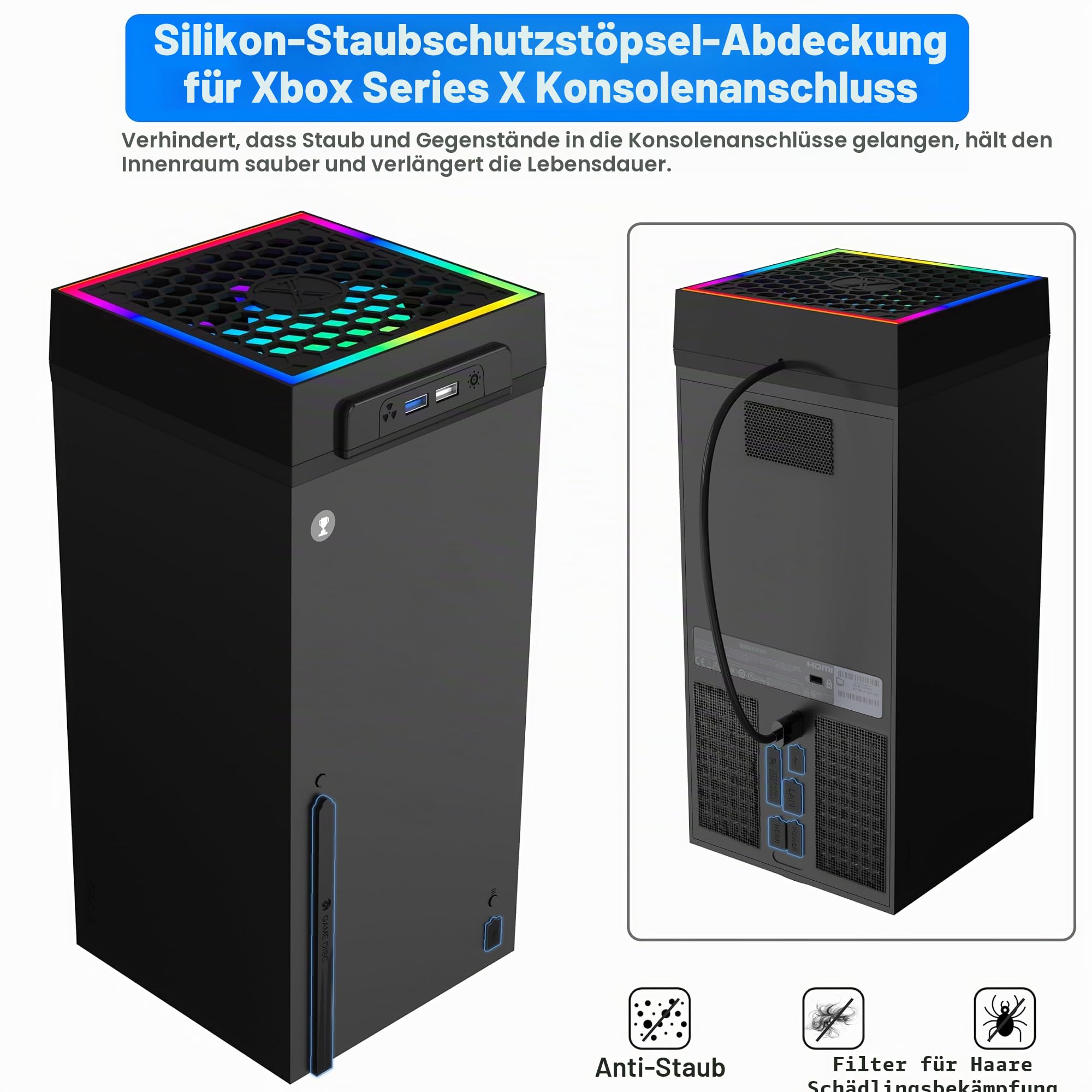 Kühlventilator staubdicht für Xbox Serie X Konsole mit buntem LED Licht, Zubehör mit 6 Staubschutzfiltern, 8 Gummistopfen, 3 Stufen geräuscharmer Top-Lüfter, für Xbox Serie X Schwarz & Weiß