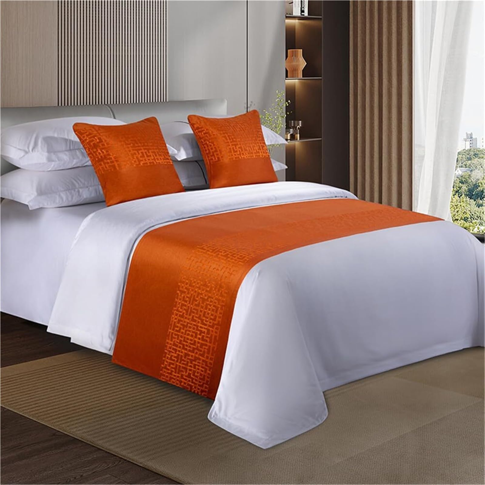 FAWFCJD Bed Runners And Matching Cushions Set, Bedroom Bedding Protection Decor Jacquard Bed Scarf Runner With 2 Cushion Covers Bed Runners Scarves Bedding Bed Towel(Orange,50x180cm)