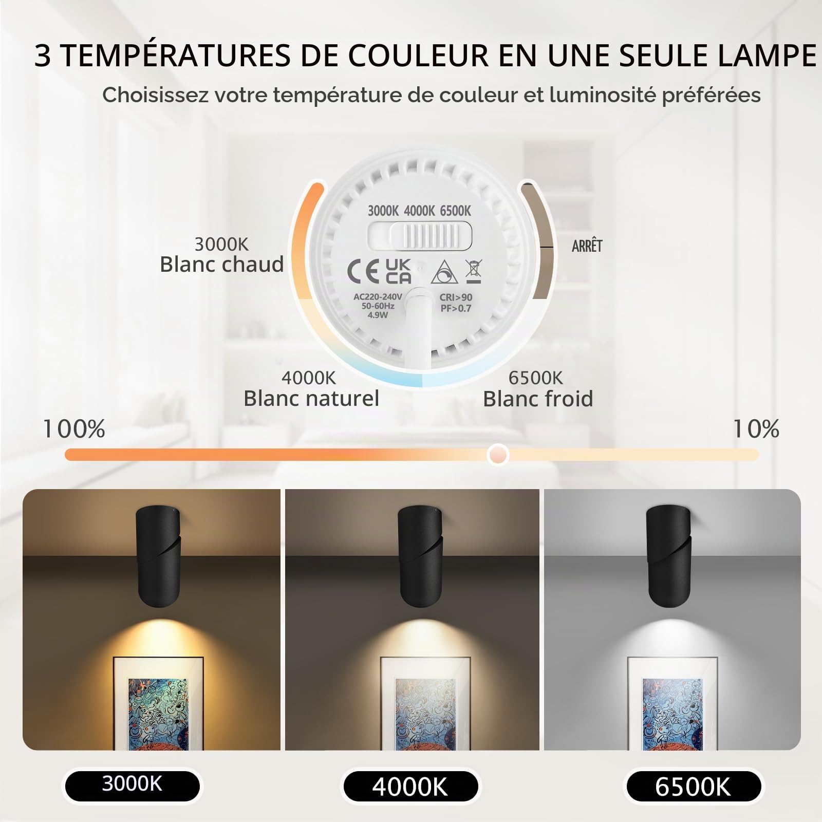 YindaLux Spot Plafonnier LED, 5W 500LM Luminaire Spot Orientable 355°, 3000K/4000K/6500K GU10 Ampoule Incluse, Moderne Plafonnier Noir Mat, pour Chambre Salon Couloir Cuisine Salle à Manger, 2 Pcs