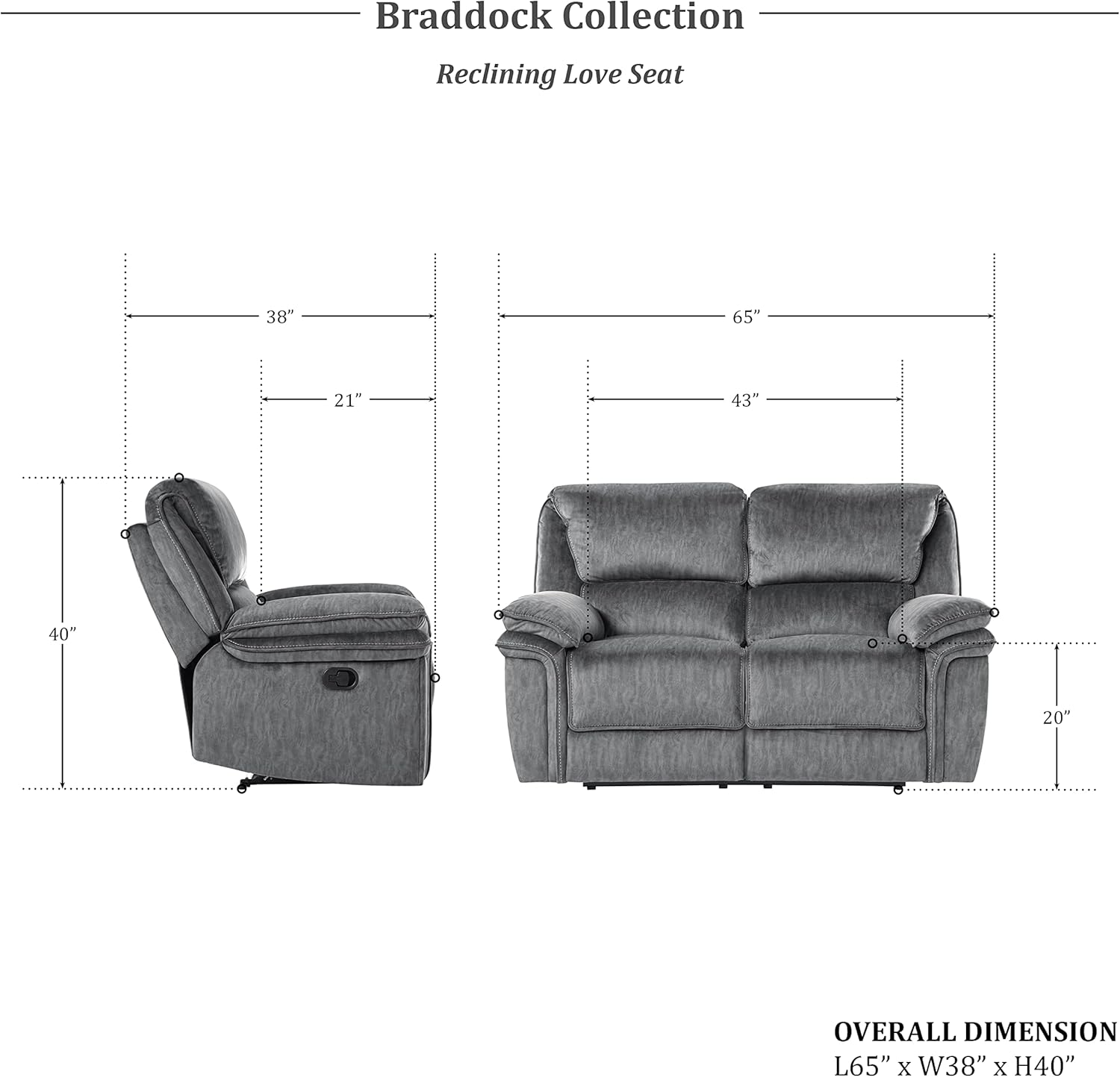 Lexicon Braddock Wall-Hugger Manual Double Reclining Loveseat, Gray