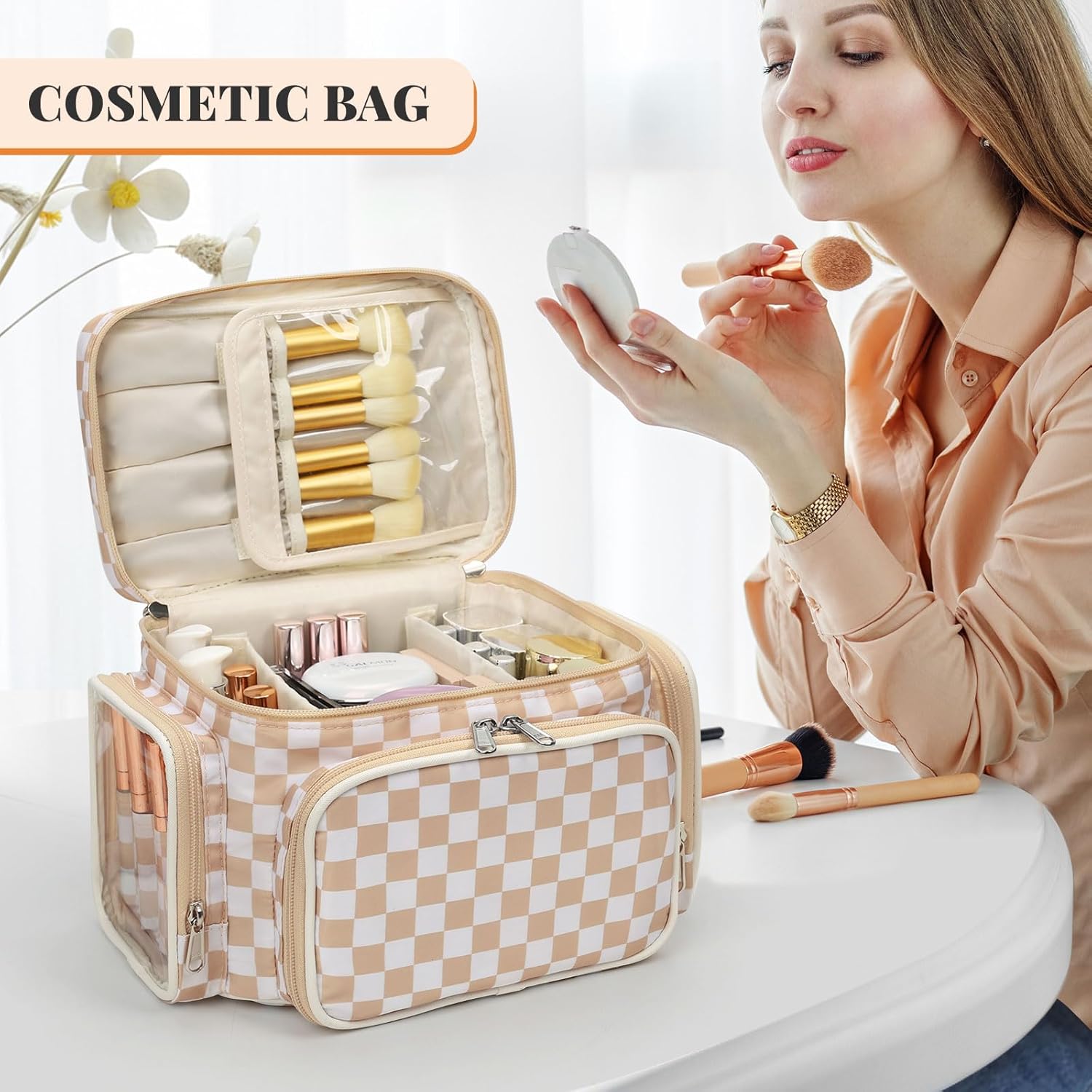 Large Makeup Bag, Portable Travel Makeup Bag Organizer for Women Girls with Makeup Brush Compartment & Two Side Pockets, Cosmetic Travel Bag Vertical Storage Toiletry- Checkerboard - Image 7