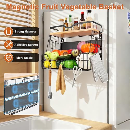 Miniatura 4 de Livabber Cesta organizadora magnética para nevera con estante de madera, contenedor grande de almacenamiento de frutas y verduras, especias y