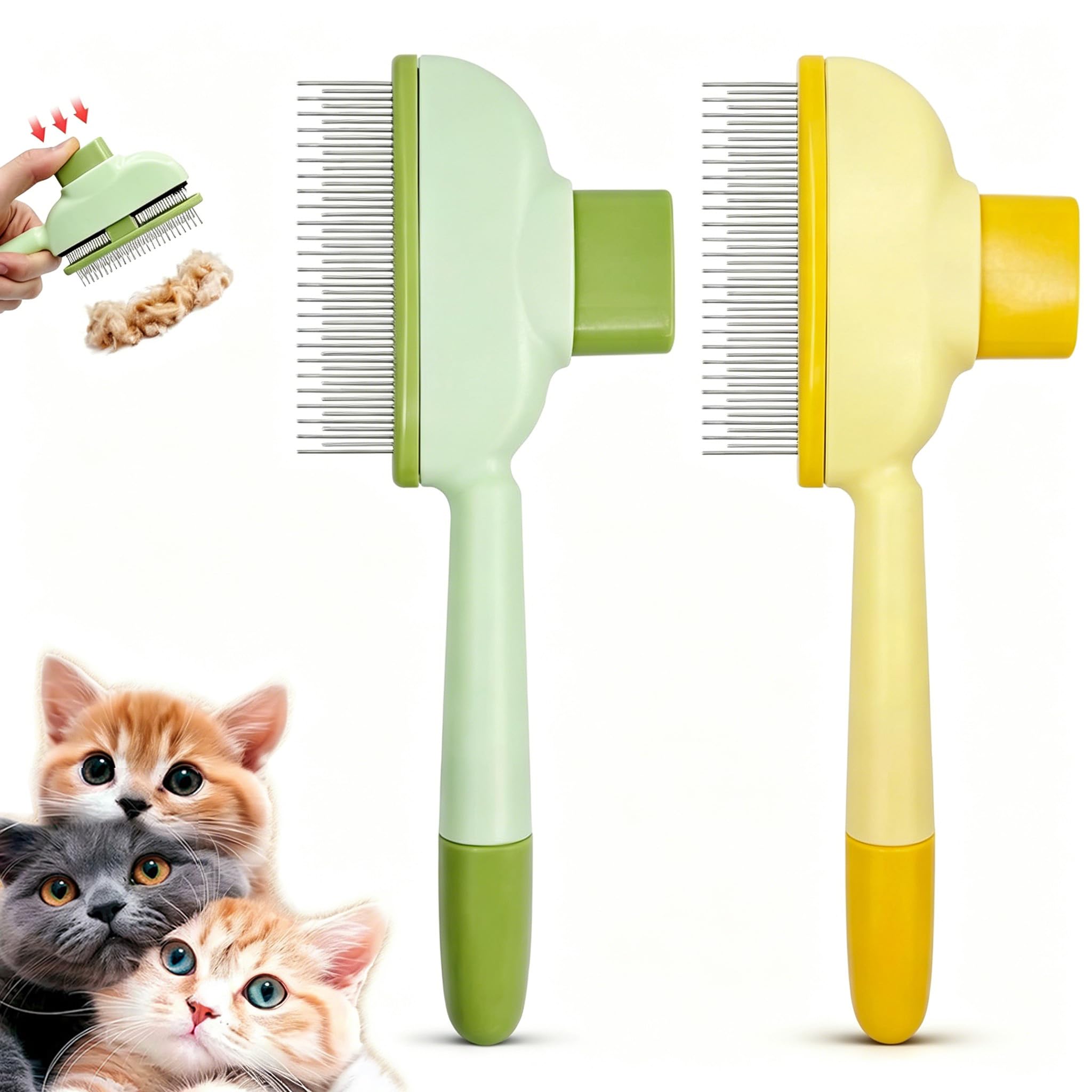 2 Pack Self Cleaning Dog Cat Brush for Shedding Slicker Grooming Brush with One Touch Hair Release Removes Loose Fur for Dogs Cats Rabbits Banana Yellow Mint Green