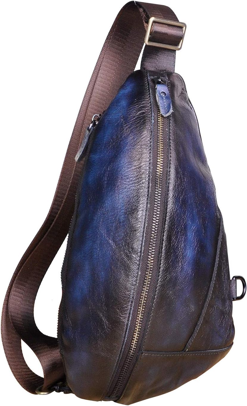 Le'aokuu Men Outdoor Travel Climbing Triangle Chest Sling Bag Rig One Shoulder Strap Bag Backpack Men Genuine Leather 5059 (blue)