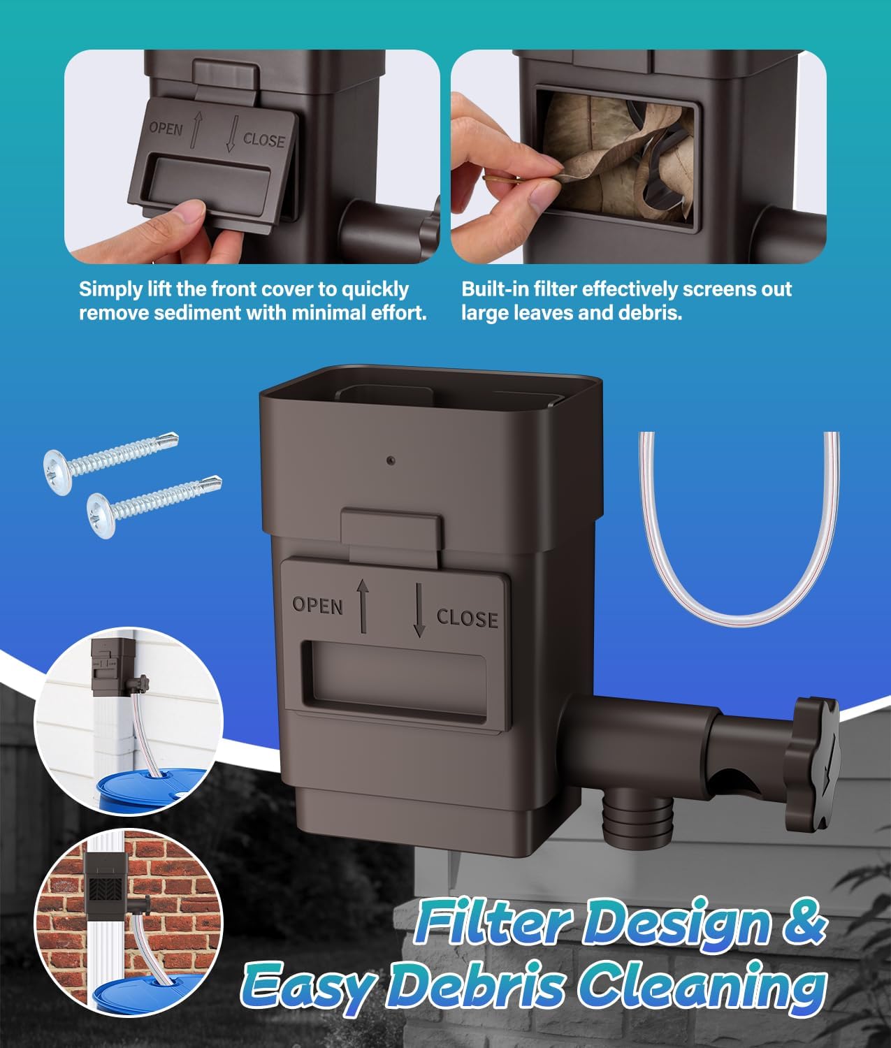 Upgraded Rain Barrel Diverter Kit, Rainwater Collection System for 2''x3'' & 3''x4'' Downspout, Gutter Diverter for Rain Barrel with Enhanced Water Capacity, Filter, Adjustable Valve, Brown - 5