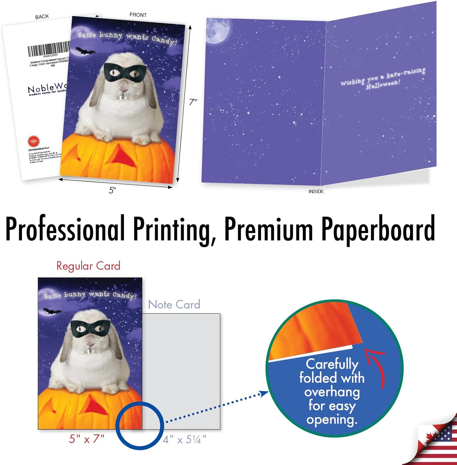 NobleWorks 12 Funny Halloween Cards w/5 x 7 Inch Envelopes (1 Design, 12 Each) - Bunny Monster C8756HWG-B12x1