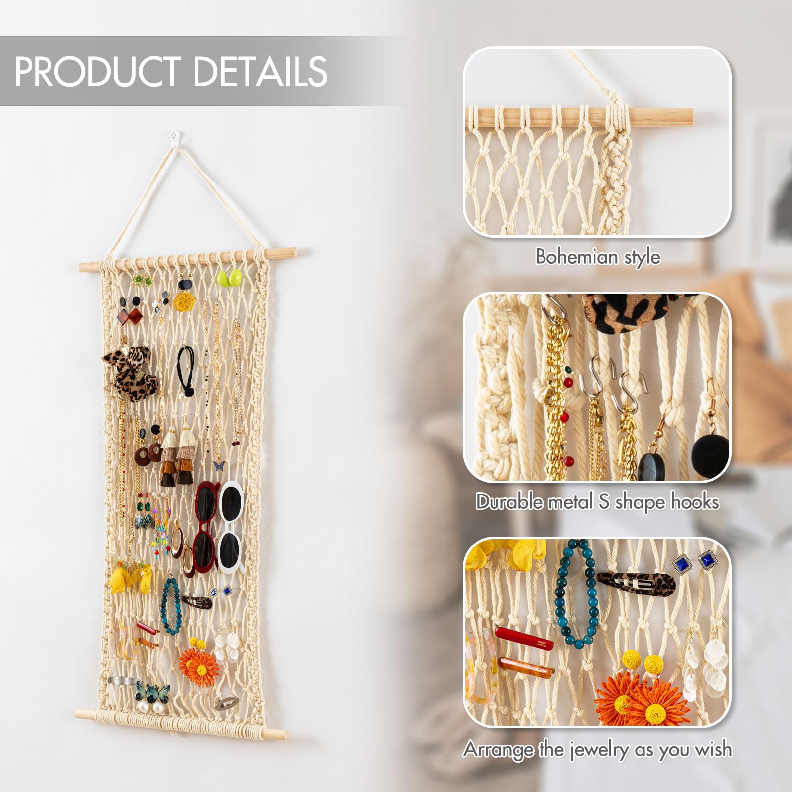 Pretty Jolly Organizer da appendere in rete per gioielli, macramè, da parete, per collane, orecchini, per ragazze, con 20 ganci a forma di S, per bracciali, collane e anelli (giallo)