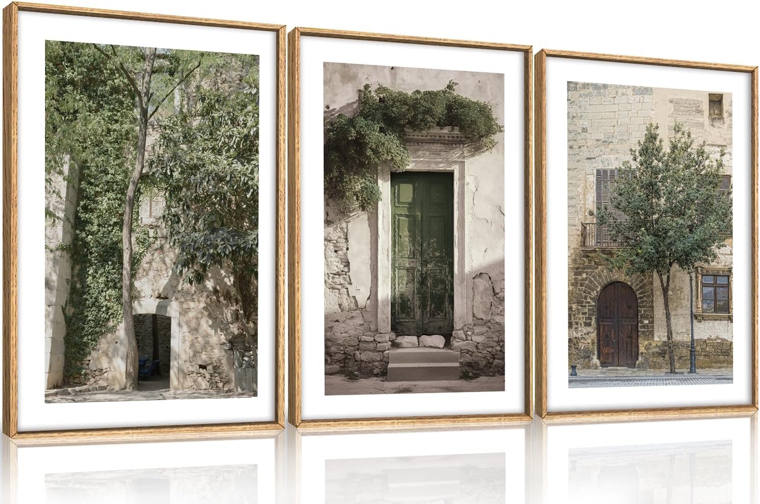 CHDITB 3Pcs Vintage Italy City Landscape Framed Canvas Wall Art Set,Sage Green Olive Tree Old House Wall Decor,Modern Mediterranean Country Cityscape Artwork for Living Room Bedroom(40x60cm)