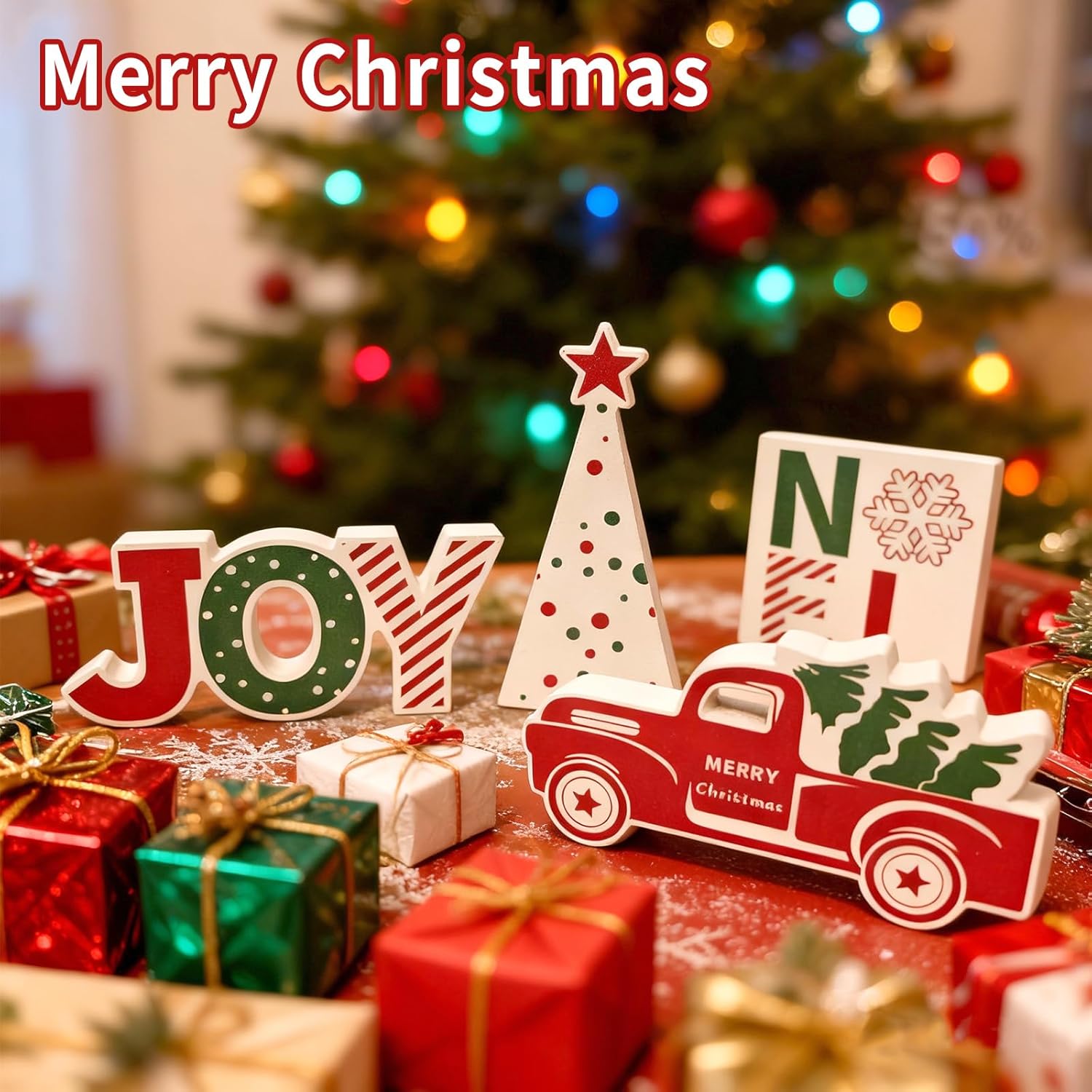 4 Pcs Christmas Table Decorations Indoor Wooden Red Truck Winter Tiered Tray Decor Rustic Merry Christmas Tree NOEL JOY Centerpiece Gift Farmhouse for Home Kitchen Shelf