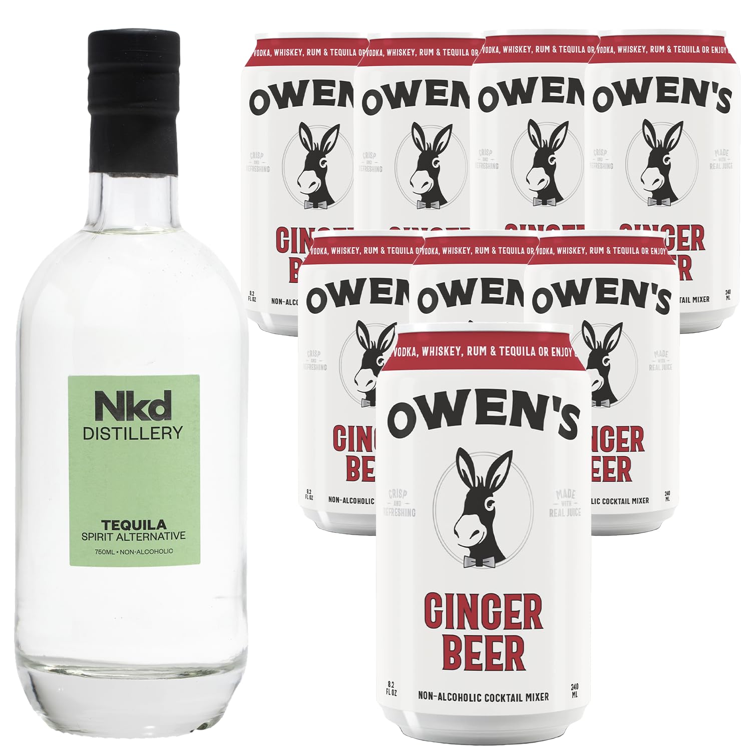 Nkd Distillery Tequila Alternative Premium Non-Alcoholic Spirit 750 ML Bottles w Owen’s Mixers Ginger Beer 8.2 OZ Cans - Perfect for Mocktails - Made in USA