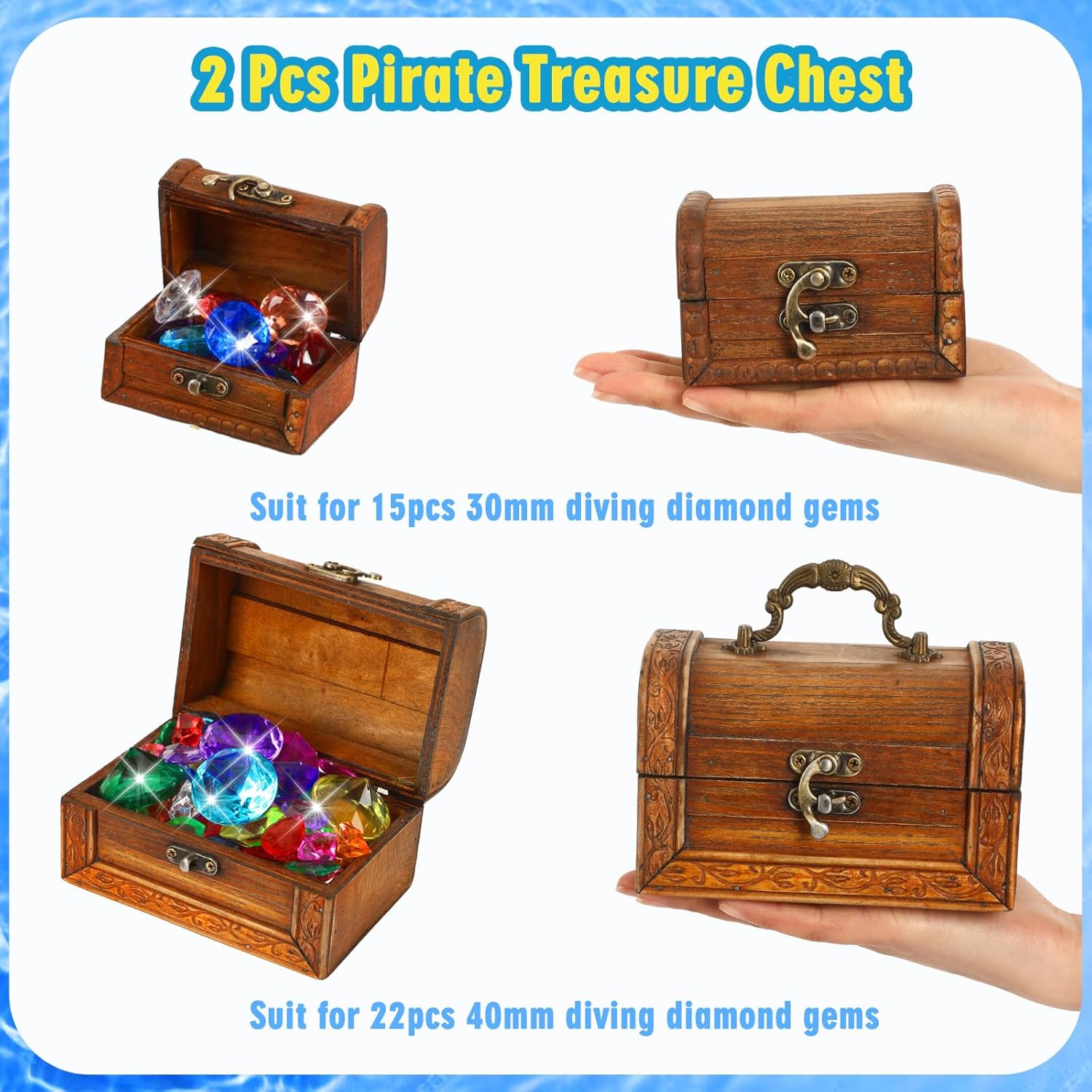 MARFOREVER Diving Gem Pool Toys (Only Box No Gem), 2 Pack Wooden Vintage Pirate Treasure Chest Pool Gem Boxes Vintage Treasures Box Toys for Summer Underwater Pirate Hunt Party Games Favors