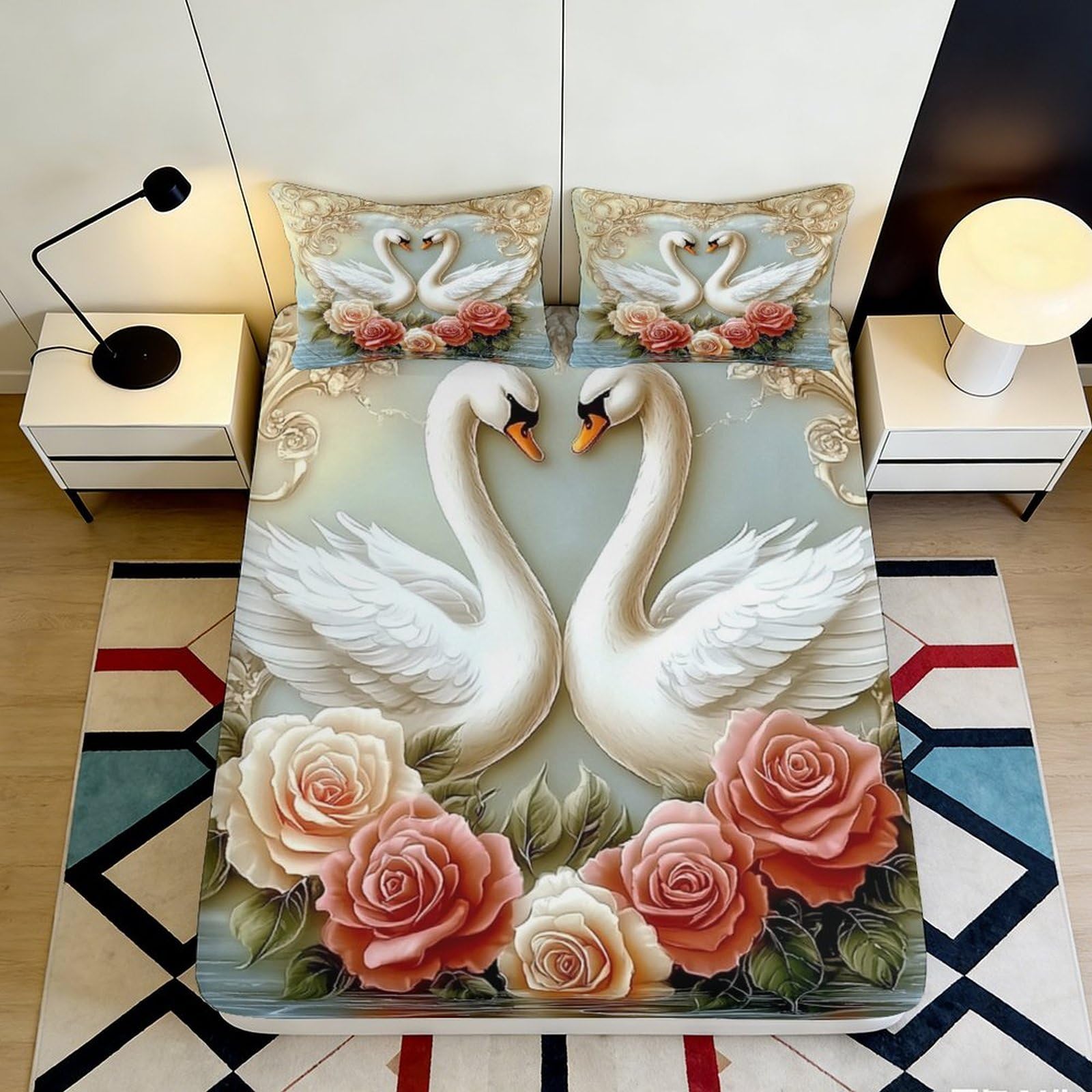 3D Printed Swan Floral Fitted Sheet Microfiber Elastic Hem Non-Slip for Adult Bedroom Swan Rose Mattress Fitted Cover Deep Pocket Bed Set 140x200x25cm