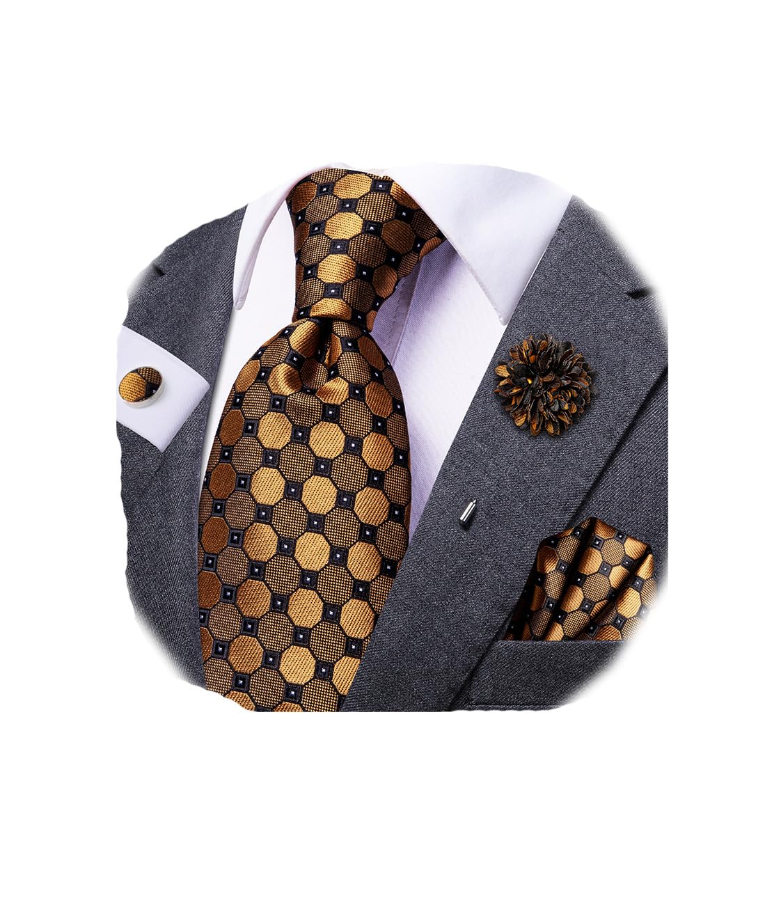 Corbata para hombre y solapa con estampado de cachemira a rayas florales para hombre, gemelos cuadrados de bolsillo, para bodas y fiestas, Negro Oro, Mediana