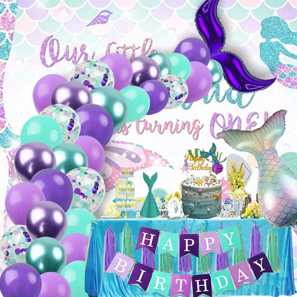 Mermaid Party Decorations for Girls Mermaid Party Supplies Mermaid Banner Mermaid Foil Balloons Latex Garland & Arch Kit Paper Tassel Cake Toppers Under The Sea Blue & Purple Nautical Decor