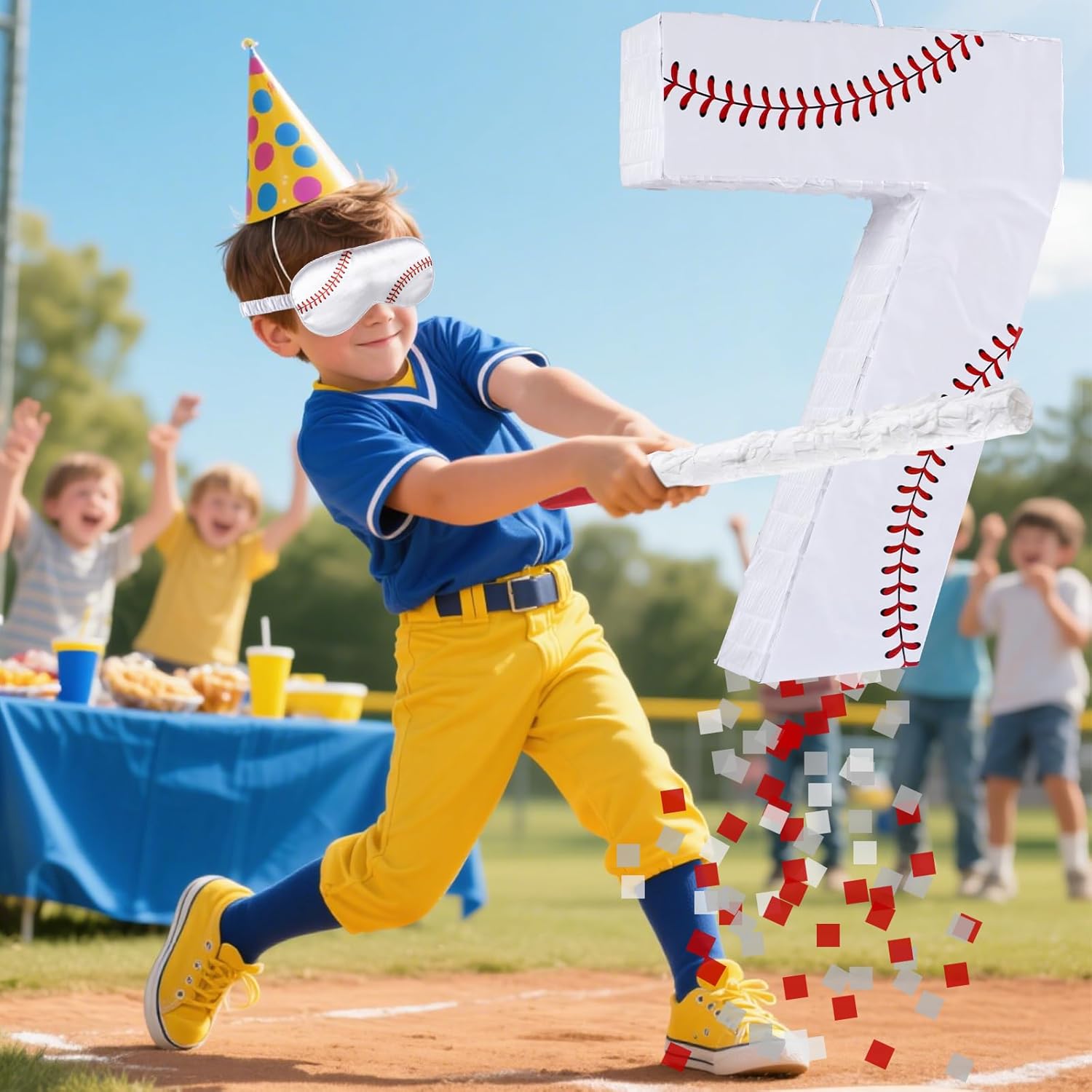 Baseball Birthday Decorations, Baseball Number 7 Piñata with Blindfold Stick Blindfold Confetti for Baseball Pinata Sports Theme 7th Birthday Party Supplies (7TH)