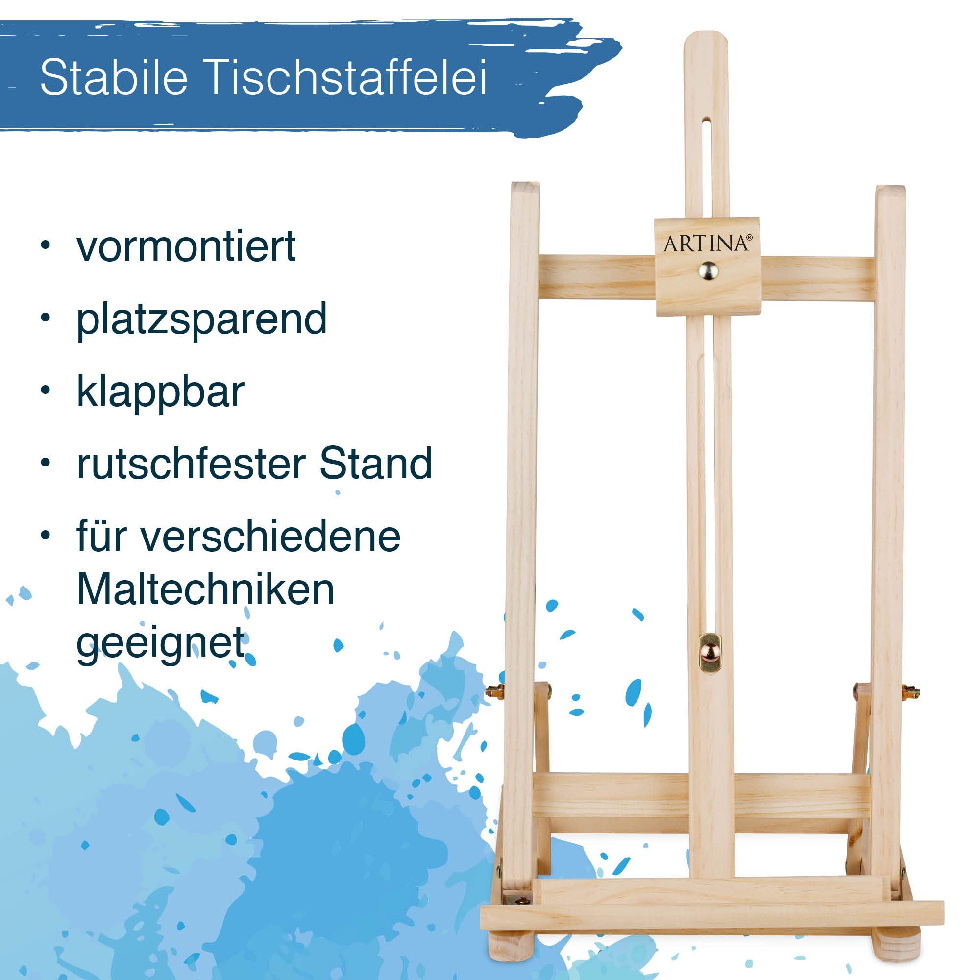 Artina 25tlg Premium Malset mit Tischstaffelei – 8x12ml Acrylfarben Set, 5x Keilrahmen, Pinsel – Malutensilien Malkoffer für Kinder & Erwachsene – Künstler Set FSC® Holz Staffelei zum Malen – Lisbon