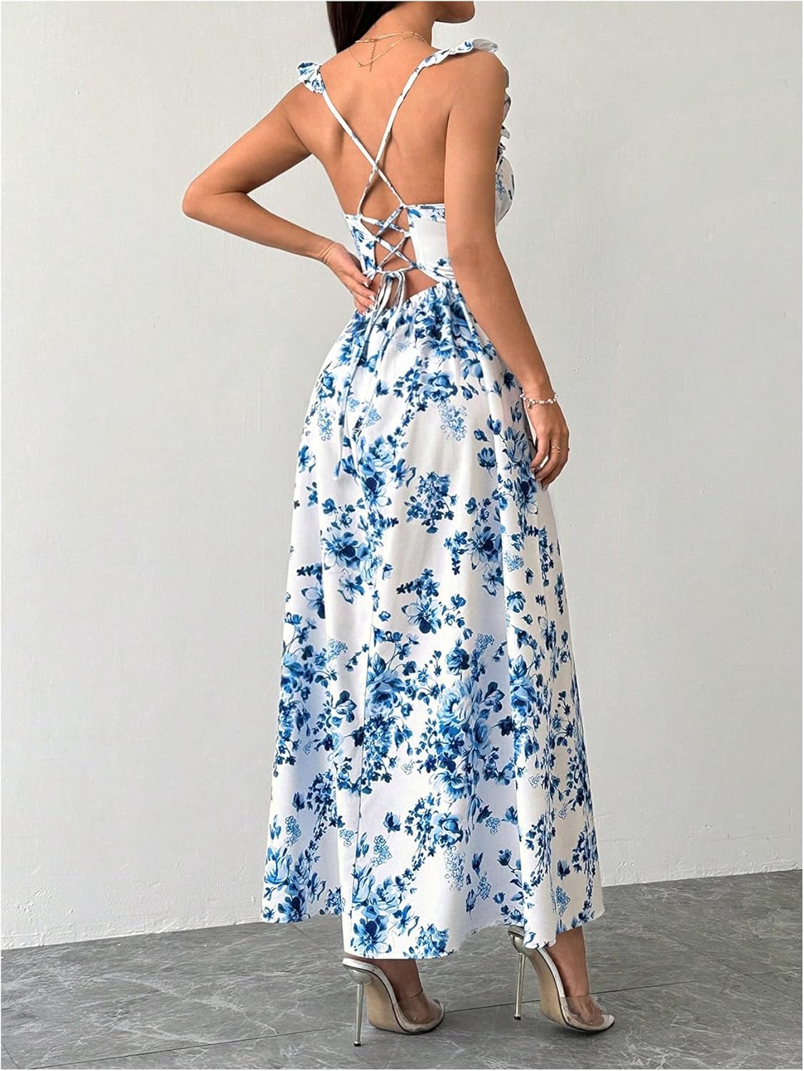 Floerns Women's Floral A Line Maxi Slit Dress Knot Front Square Neck Tie Backless Dresses - Image 5