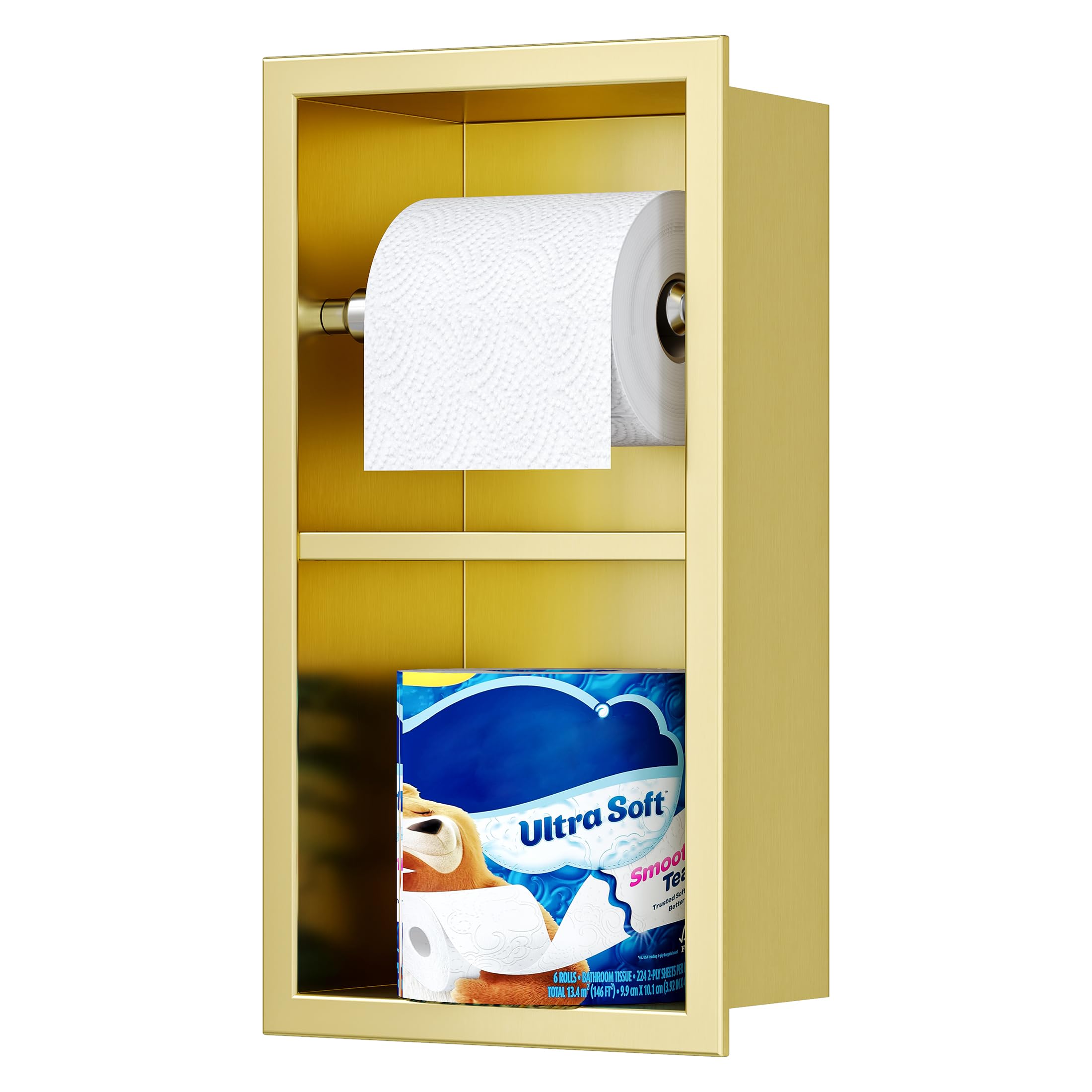 Photo 1 of Qeke Recessed Toilet Paper Holder, 304 Stainless Steel Bathroom Toilet Paper Holder with Storage, in Wall Tissue Toilet Roll Holder, Brushed Golden