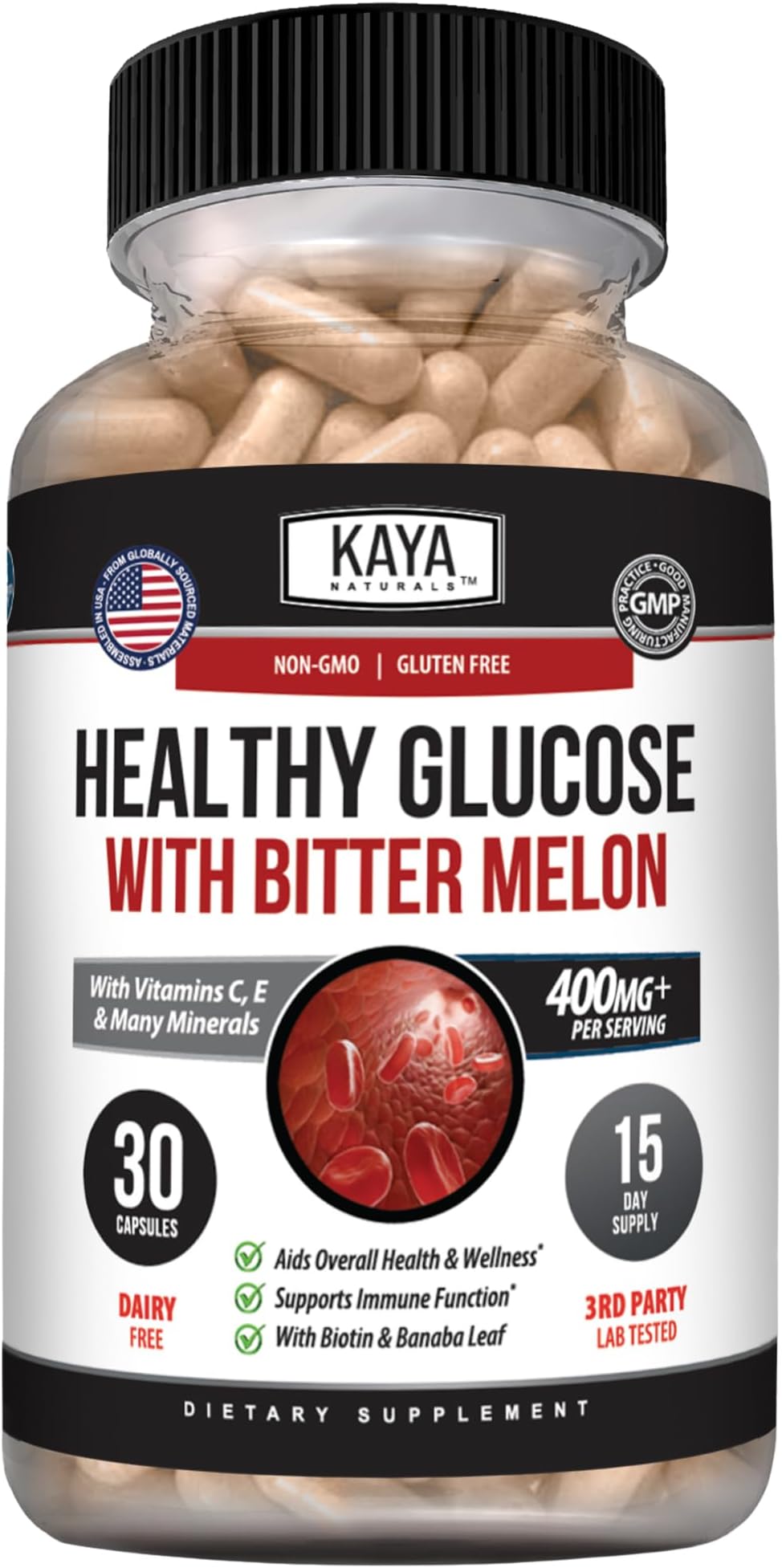 Kaya Naturals Healthy Gluco with Bittermelon Supplement | Support Healthy Levels and Function, 20 Herbs Vitamins and Minerals, Alpha Lipoic Acide, Cinnamon, Vitamin C & E, Non-GMO (30 Count)