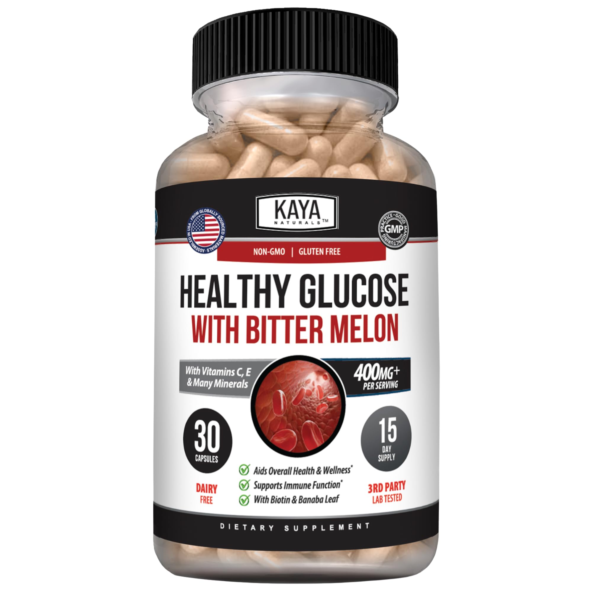 Kaya Naturals Healthy Gluco with Bittermelon Supplement | Support Healthy Levels and Function, 20 Herbs Vitamins and Minerals, Alpha Lipoic Acide, Cinnamon, Vitamin C & E, Non-GMO (30 Count)