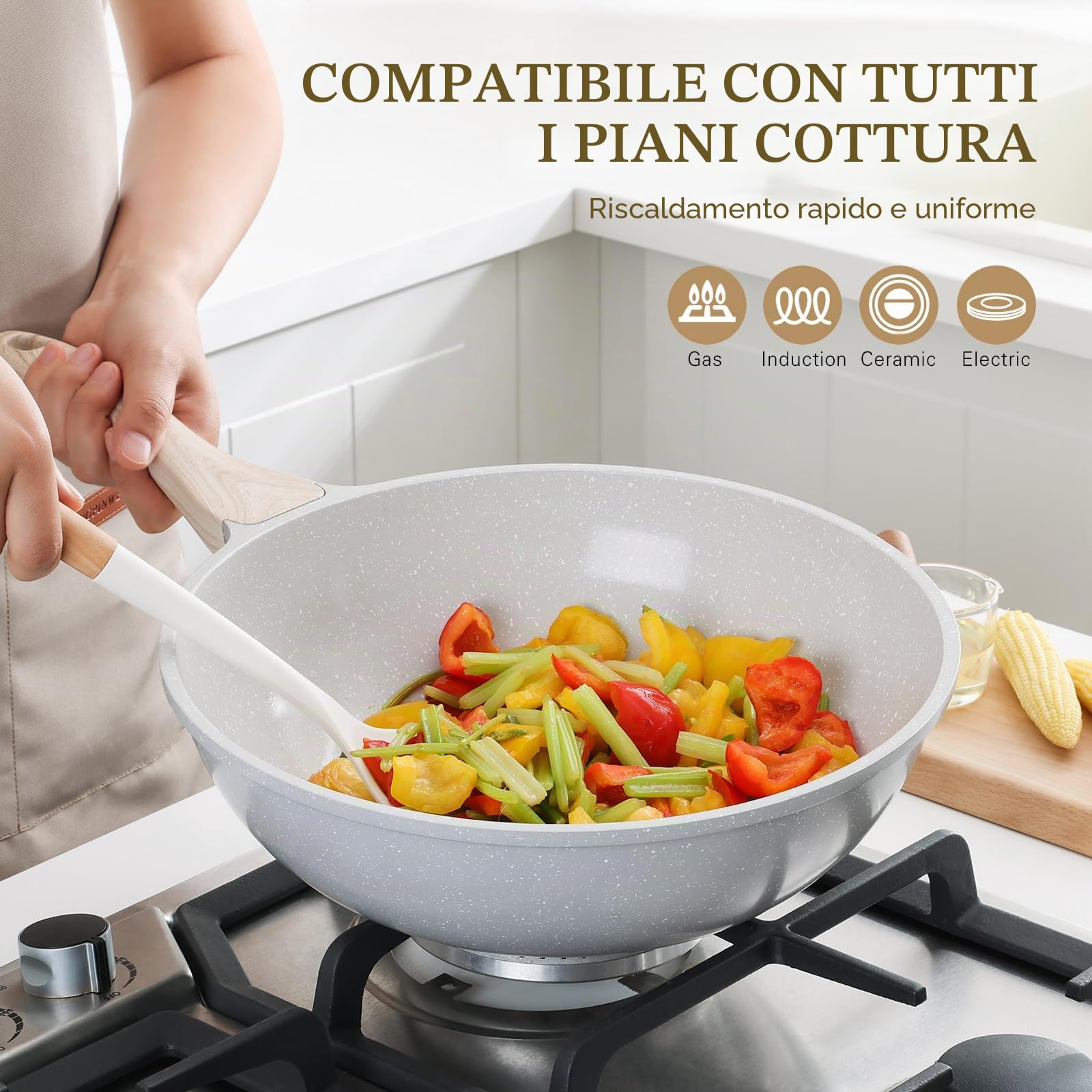 Kordisen Wok Ceramica 30 cm, Wok a Induzione con Coperchio, Rivestimento Antiaderente, Adatto a Tutti i Piani Cottura, Senza PFOA e PFAS (Grigio)