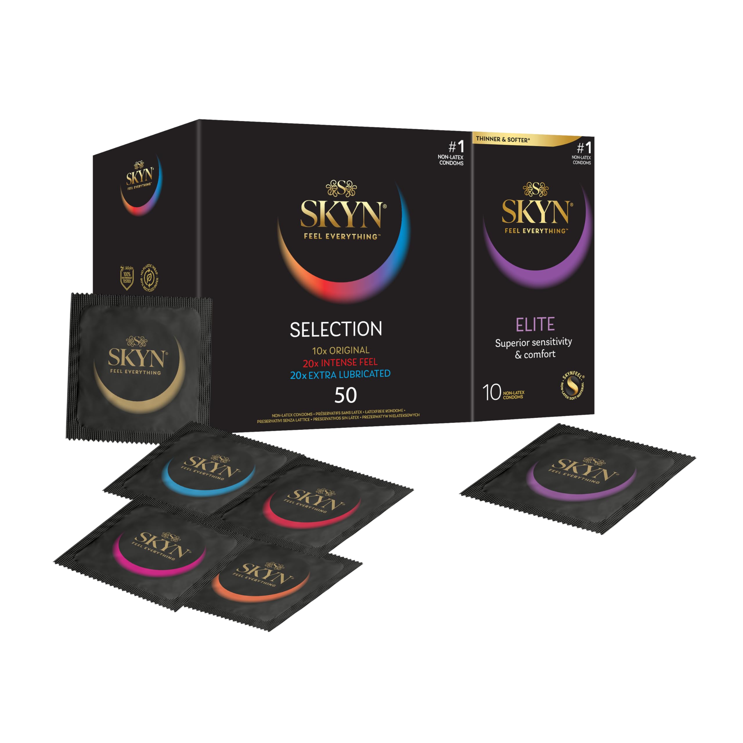 SKYN Selection (50 Pezzi) & Elite (10 Pezzi) | Preservativi senza lattice Skynfeel, Original, Intense Feel, Extra Lube, Preservativi di dimensioni normali