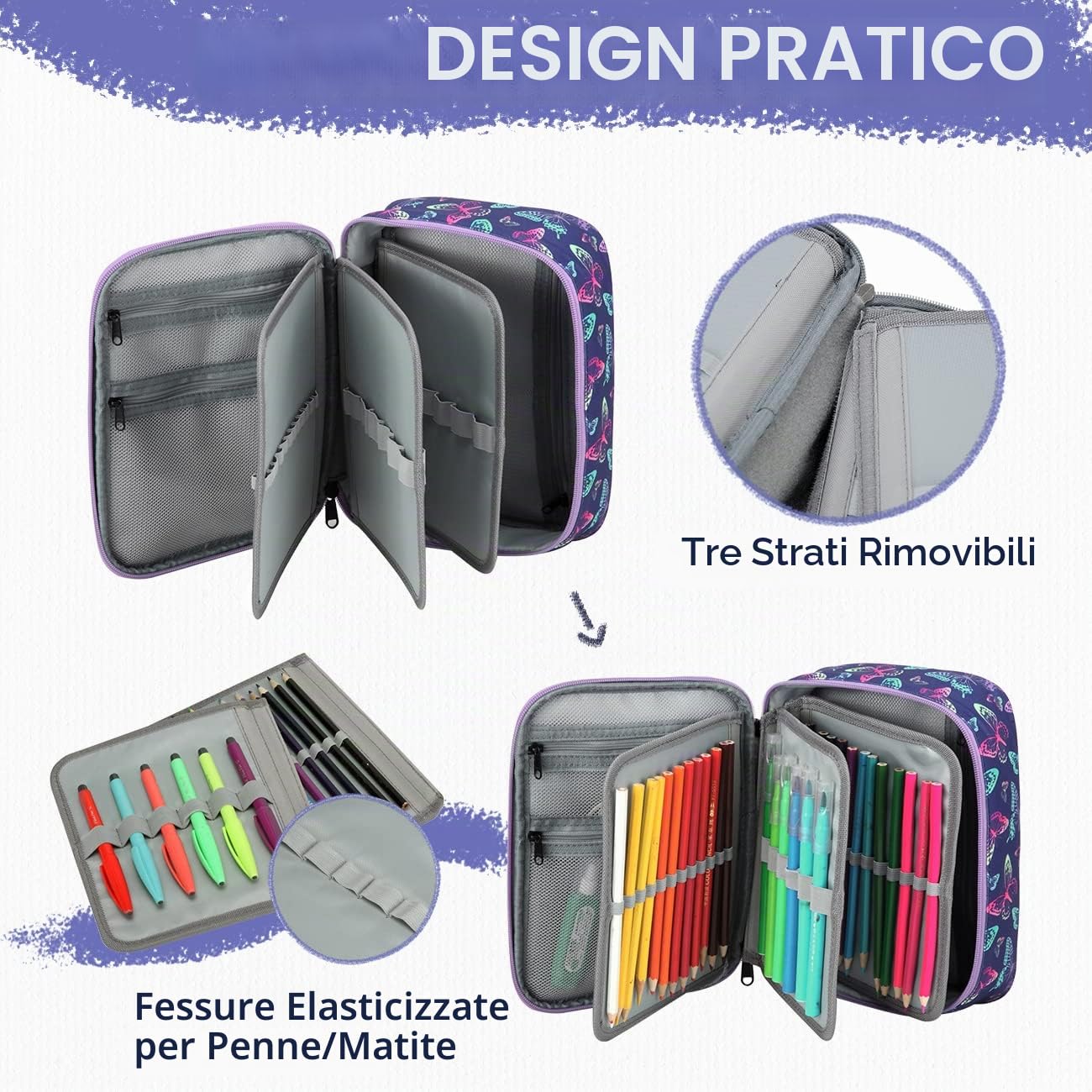VASCHY Astuccio Grande, Astucci Grandi Capacità per Bambina Astuccio Scuola Astuccio Portapenne con Cerniera per Cancelleria Astuccio Matite Astucci Ufficio Lavoro Farfalle Viola