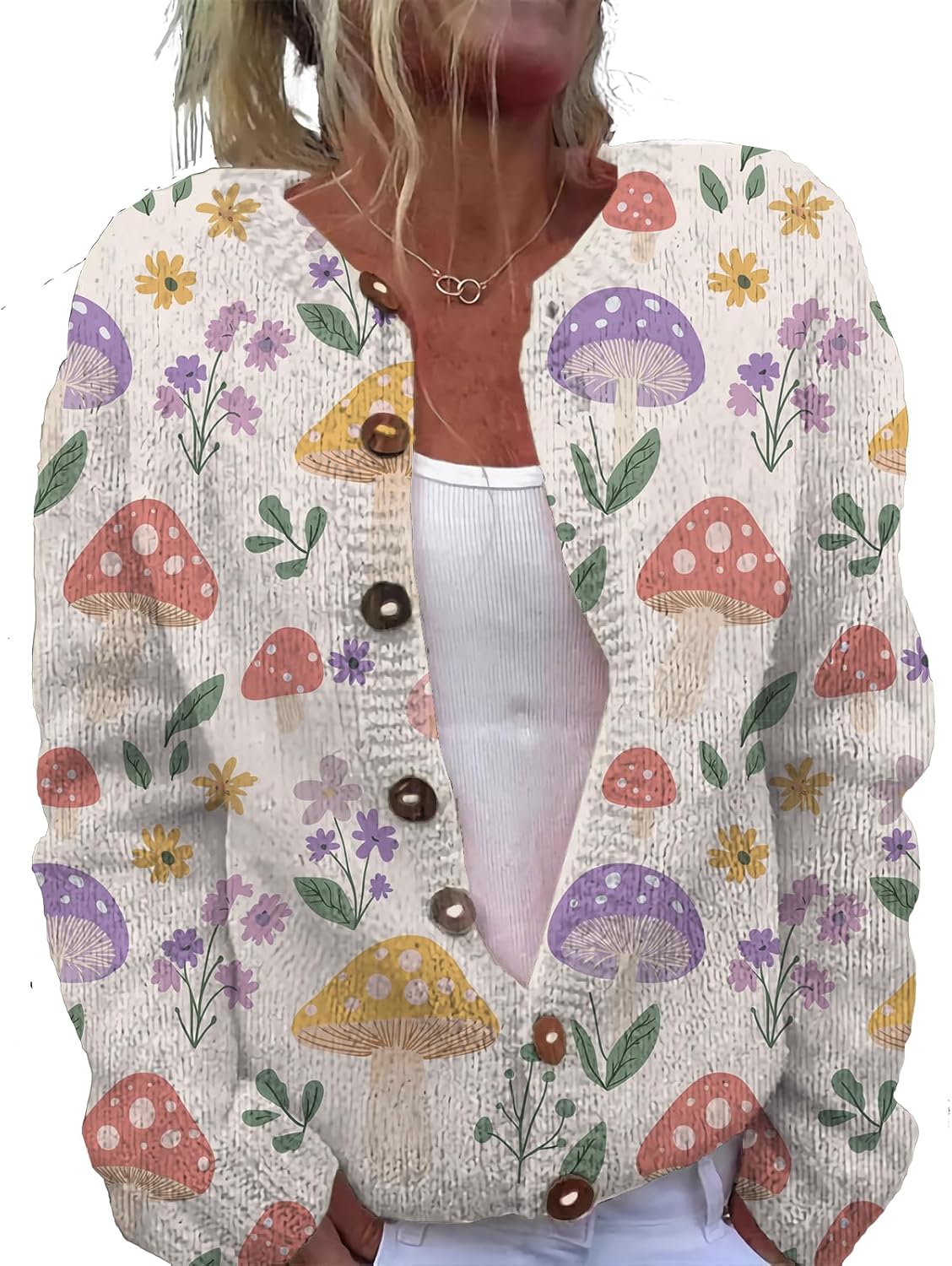 Womens Trendy Sweater Cardigan Mushroom Print Button Up Oversized Long Sleeve Flora...