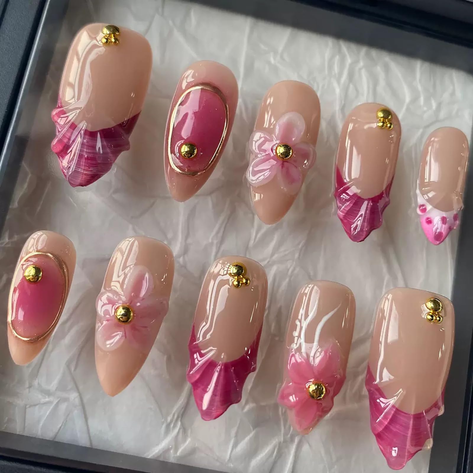 Luxury Press on Nails Medium Almond Handmade 3D Unique Reusable ABS Material Fake Nails Pink French Tip False Nails with Designs Pink Floral Polka